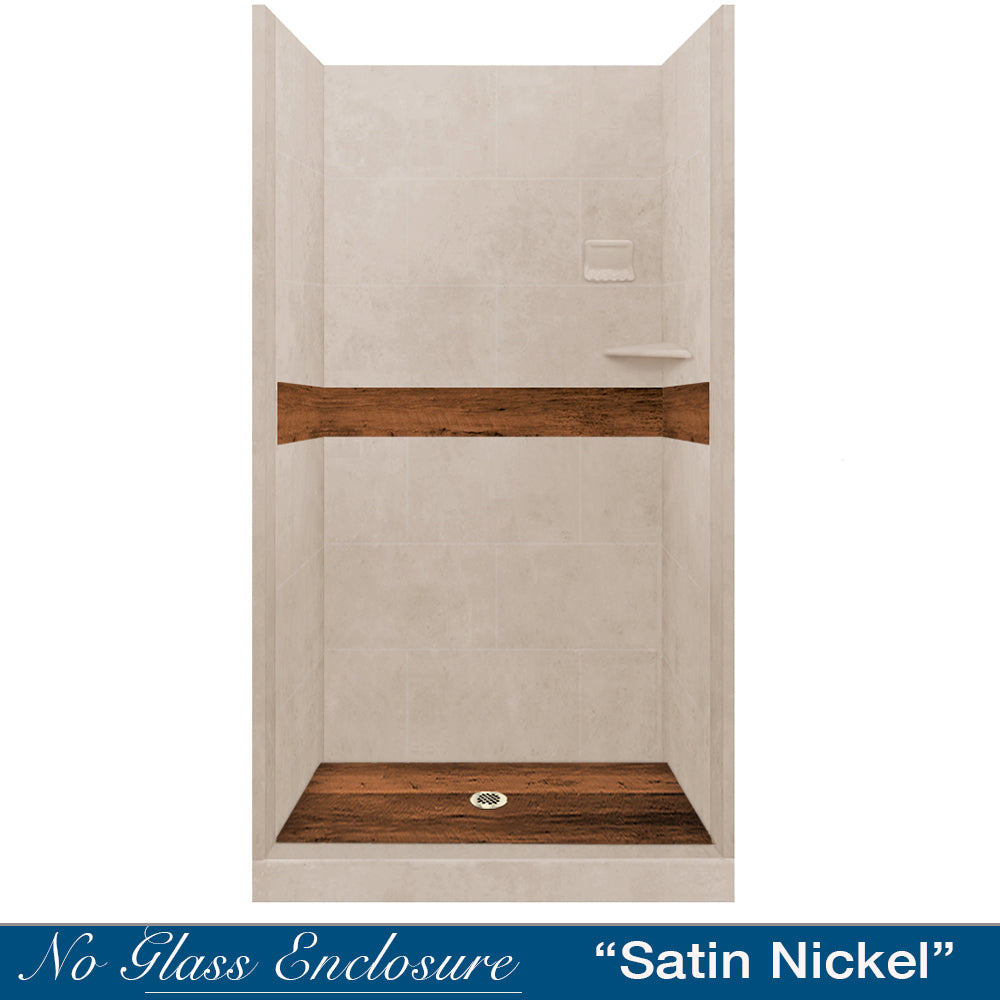 Alcove Brown Sugar Sistine Stone & Burnt Oak Wood Accent DIY Shower Remodel Kit - Waterproof Bathroom Wall Panel for Modern Home Renovation