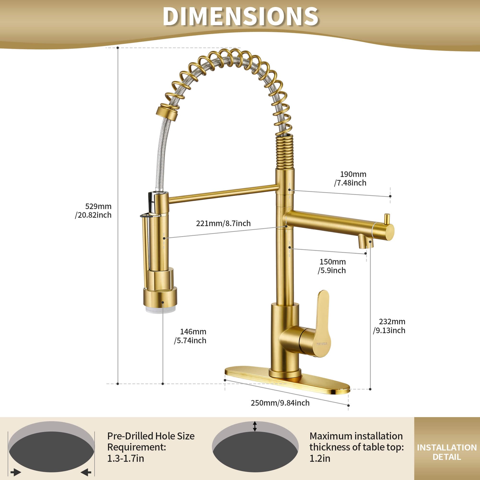 Modern Stainless Steel Kitchen Faucet with Pull Down Sprayer & LED Light - Brushed Gold Dual Spout Sink Faucet with Pot Filler - Perfect for Cooking, Washing Dishes & Filling Pots in Contemporary Kitchens