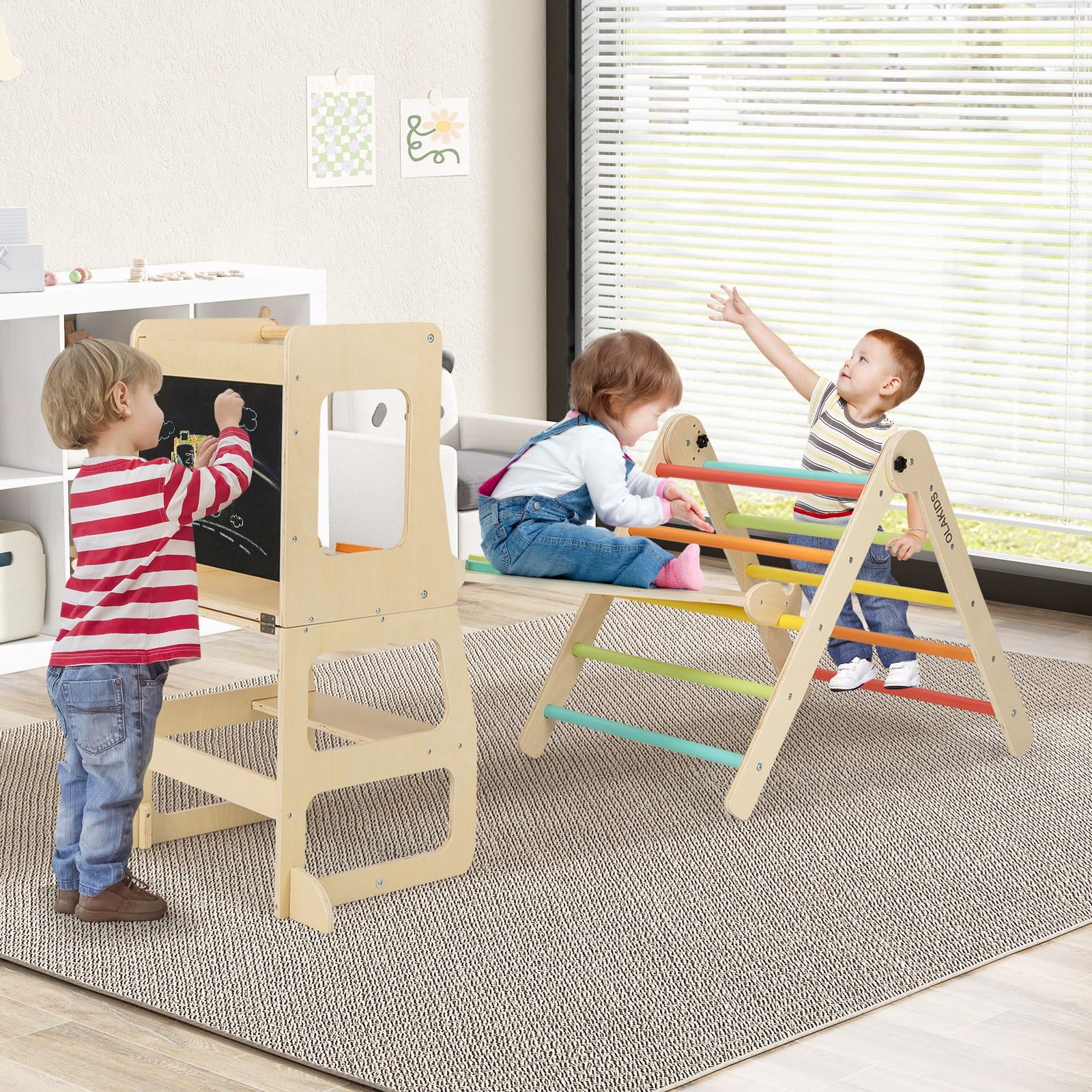 OLAKIDS 7-in-1 Foldable Wooden Pikler Montessori Climber Set for Toddlers - Adjustable Angle Ladder, Ramp, Slide & Toddler Tower - Indoor Jungle Gym Playset for Home Playrooms, Daycares & Montessori Classrooms