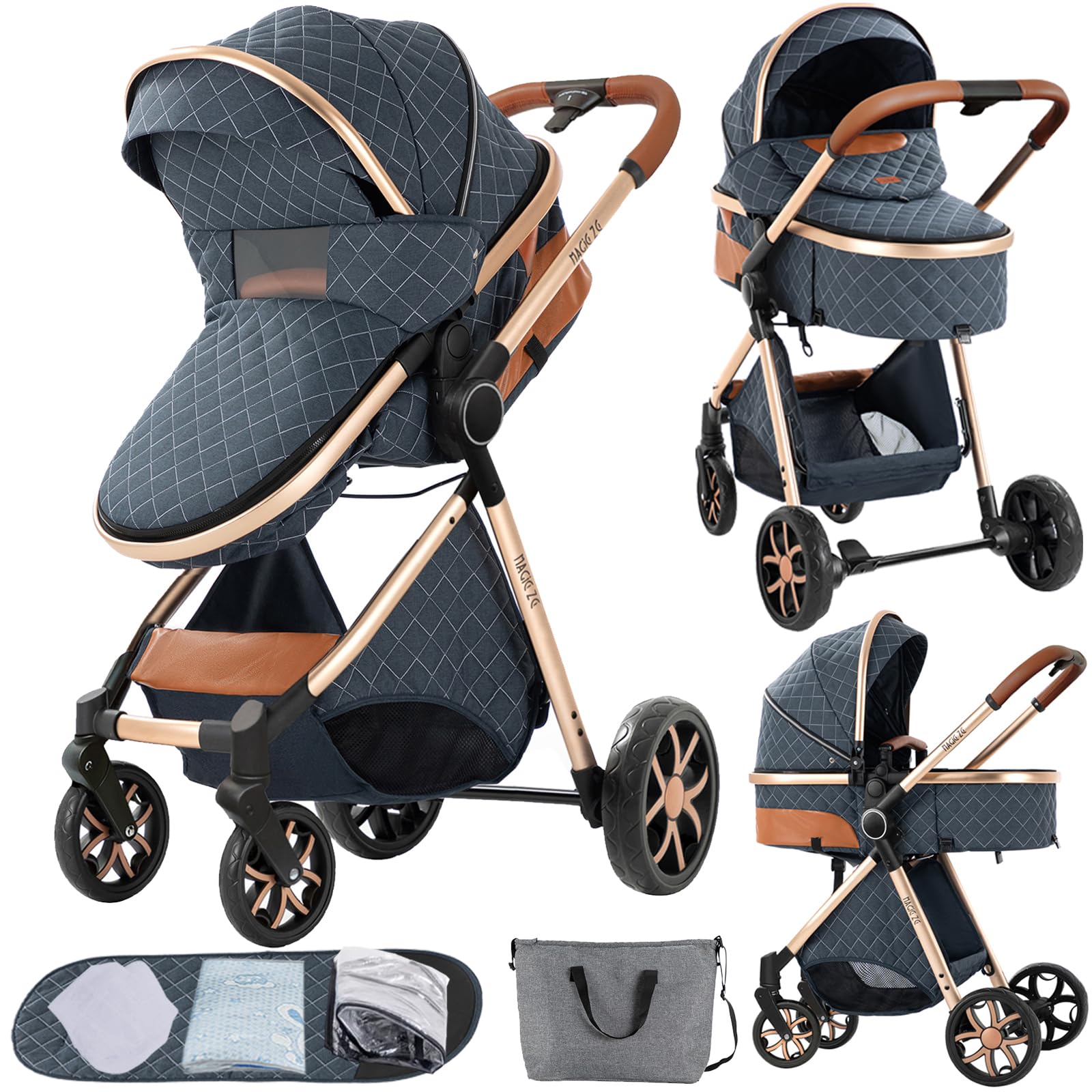 2 in 1 Convertible Baby Stroller with Bassinet - Reversible Standard Pram, Portable Foldable Pushchair for Newborn & Toddler | Lightweight Travel Buggy & High Landscape Carriage (Blue) - Perfect for Shopping, Travel & Daily Walks