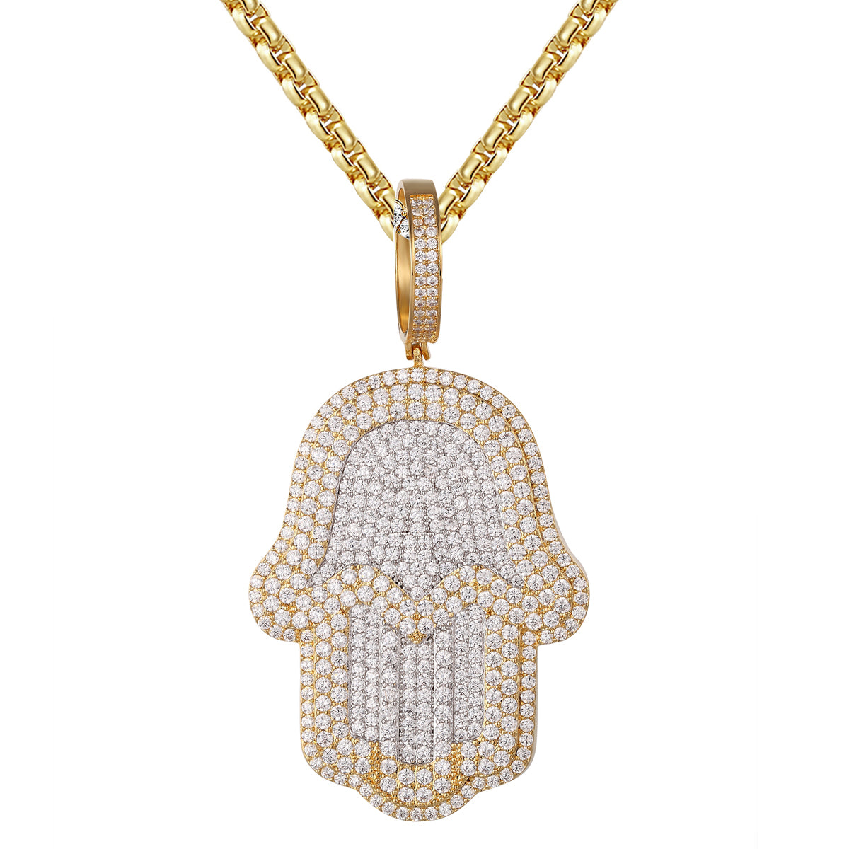 Sterling Silver Double Layer Hamsa Hand Pendant Necklace - Icy Hip Hop Jewelry for Men & Women - Perfect for Everyday Wear, Gifts, and Spiritual Protection