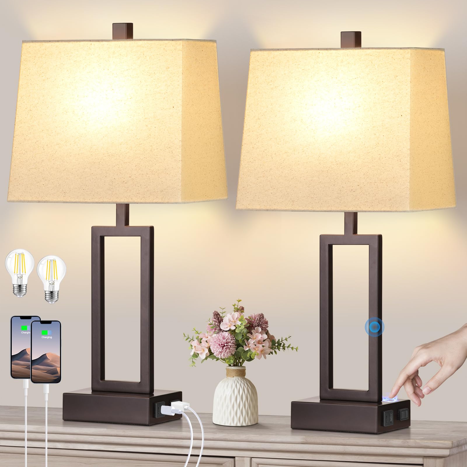 Modern Touch Control Table Lamps Set of 2 - Brown USB A+C Charging Bedside Lamps with AC Outlet & 3-Way Dimmable LED Lighting - Perfect for Bedroom Nightstands & Living Room End Tables (LED Bulbs Included) | Ideal for Reading, Working & Creating Cozy Ambiance
