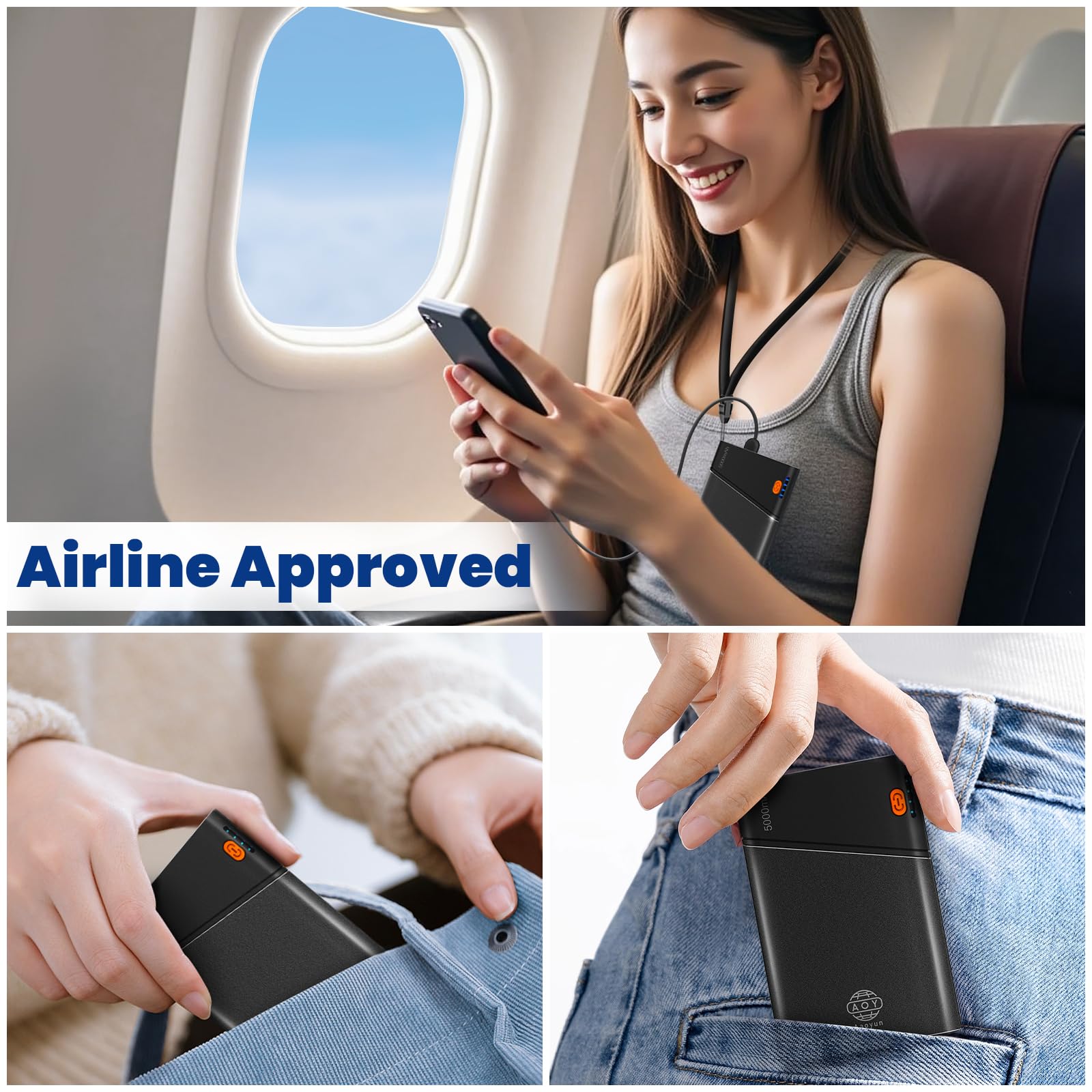 5000mAh Ultra Slim Power Bank with Built-in USB C Cable - Fast Portable Charger for iPhone 16/15/14 & Samsung S24 - Compact Mini External Battery Pack with Lanyard (Black) | Perfect for Travel, Outdoor Adventures & Daily Commute