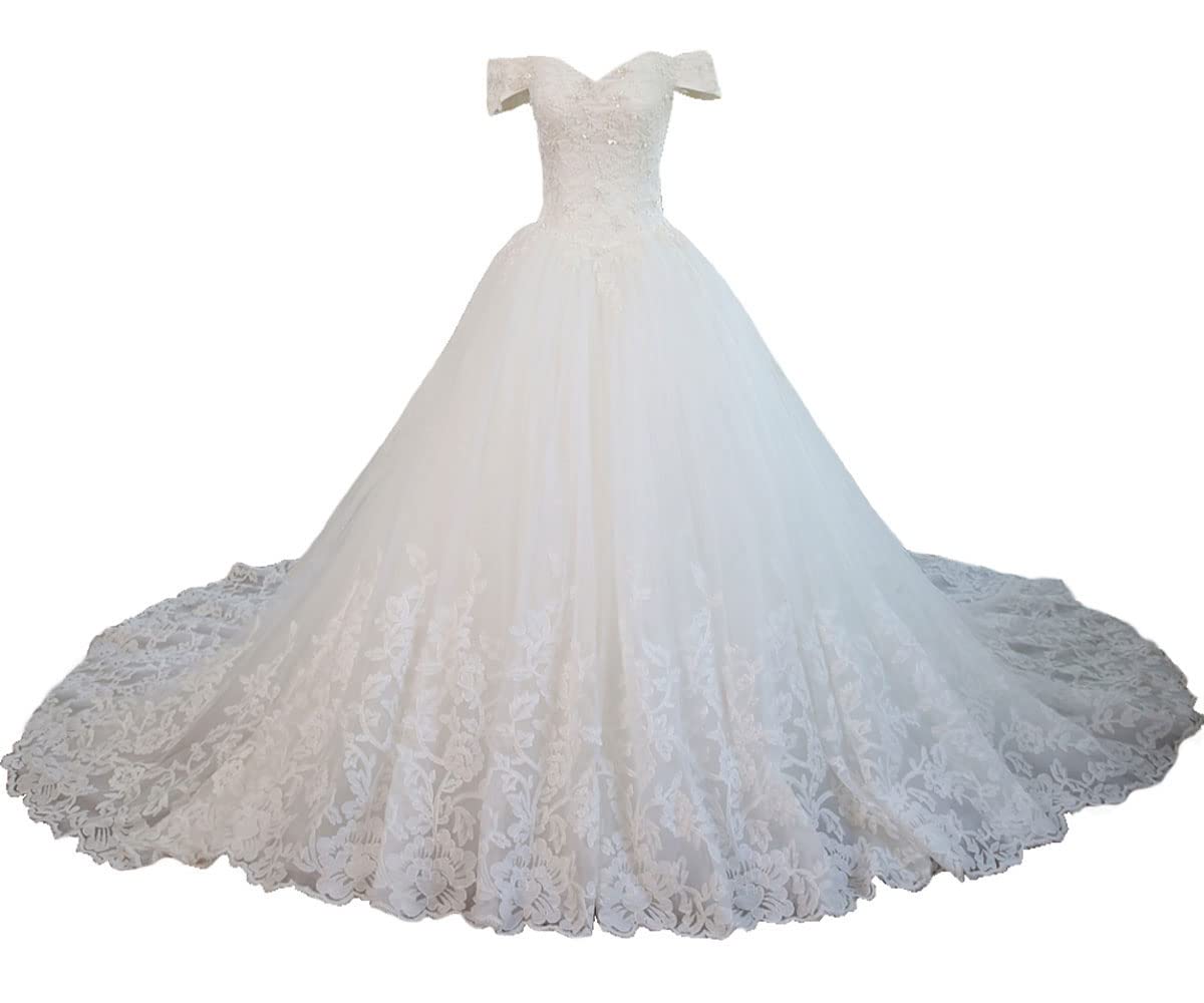 XYAYE Off Shoulder Lace Tulle Wedding Dress - Puffy Ball Gown with Long Train for Bride | Perfect for Church Ceremony, Beach Wedding & Formal Reception