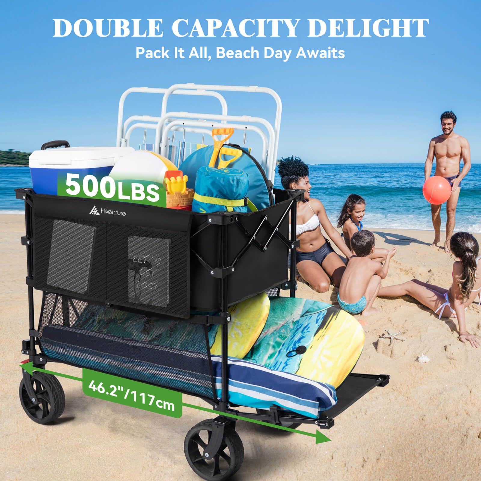 Hikenture 400L Extra Large Double Decker Beach Wagon with Big Wheels - Heavy Duty 500LBS Capacity Collapsible Utility Cart with Tailgate - Foldable for Beach, Sports, Camping, Picnics & Outdoor Adventures