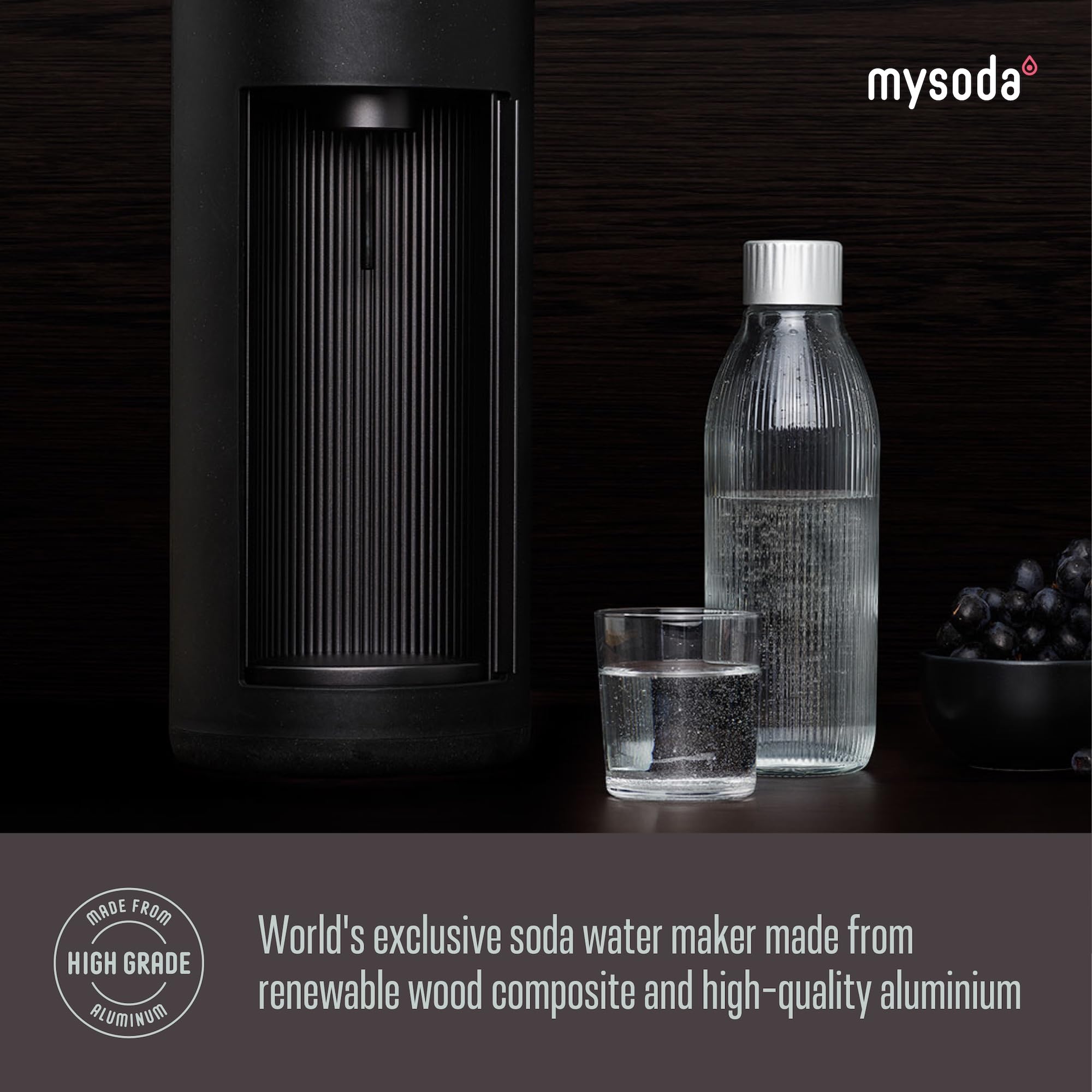 **Mysoda Glassy Sparkling Water Maker - 1L Glass & Plastic Bottle, Silent Nordic Design, Sliding Door - Black | Home & Office Carbonated Drink Machine for Healthy Hydration**
