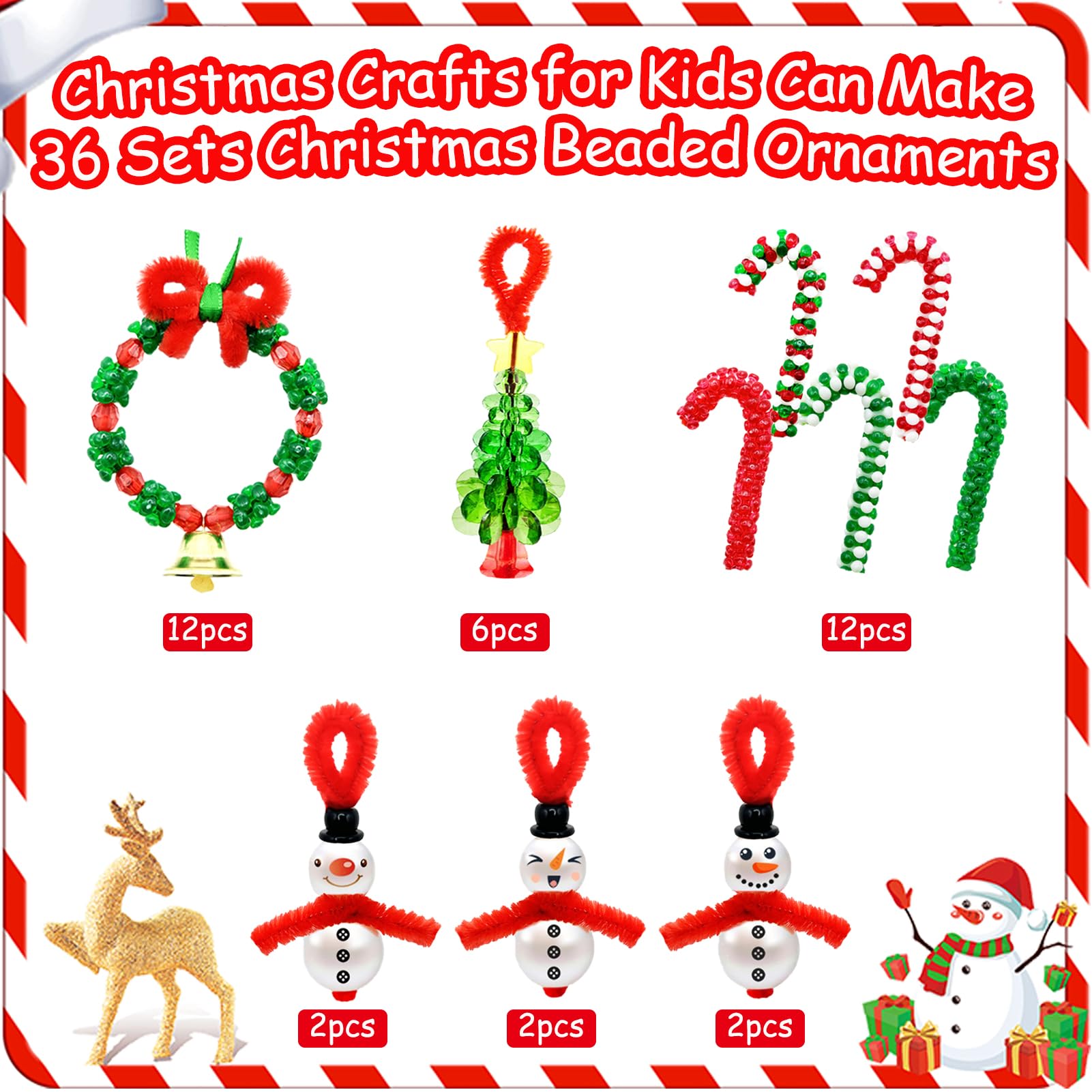 36-Piece DIY Beaded Christmas Ornament Kit for Kids & Adults - Tri Bead Holiday Tree Decorations for Xmas Party, Home Decor & Gift Making