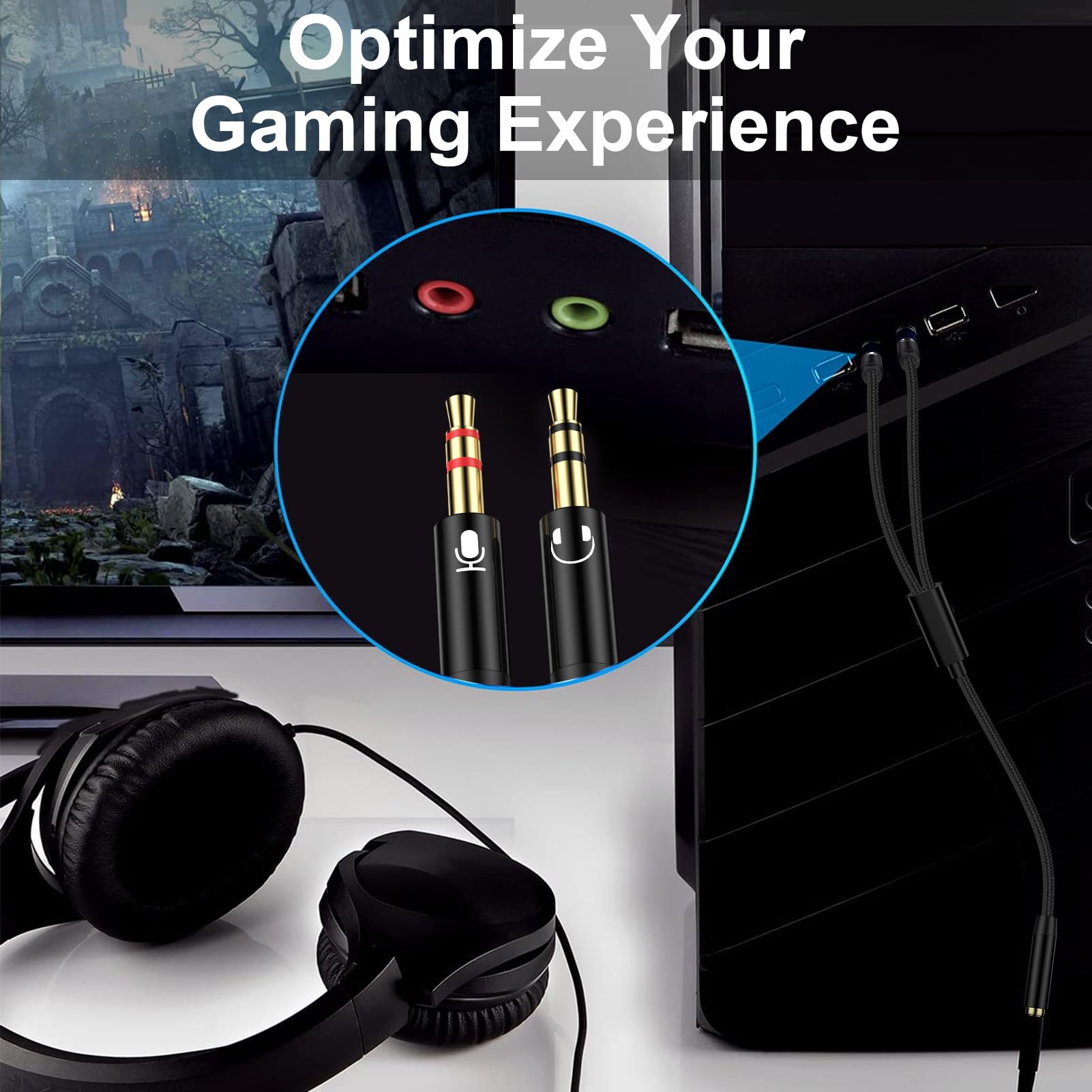 Premium 3.5mm PC Headset Splitter Cable - Mic & Audio Y Adapter for Gaming Headsets (Astro A10/A40, HyperX Cloud, SteelSeries, Sennheiser, Razer) - Perfect for Streaming, Online Meetings & Multi-Device Gaming Setups