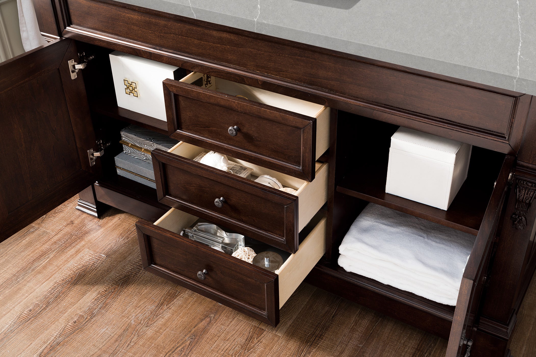 Brookfield 60 Inch Single Bathroom Vanity with Burnished Mahogany Finish and 3CM Eternal Serena Quartz Countertop - Perfect for Modern Master Bathrooms and Guest Bathroom Remodels