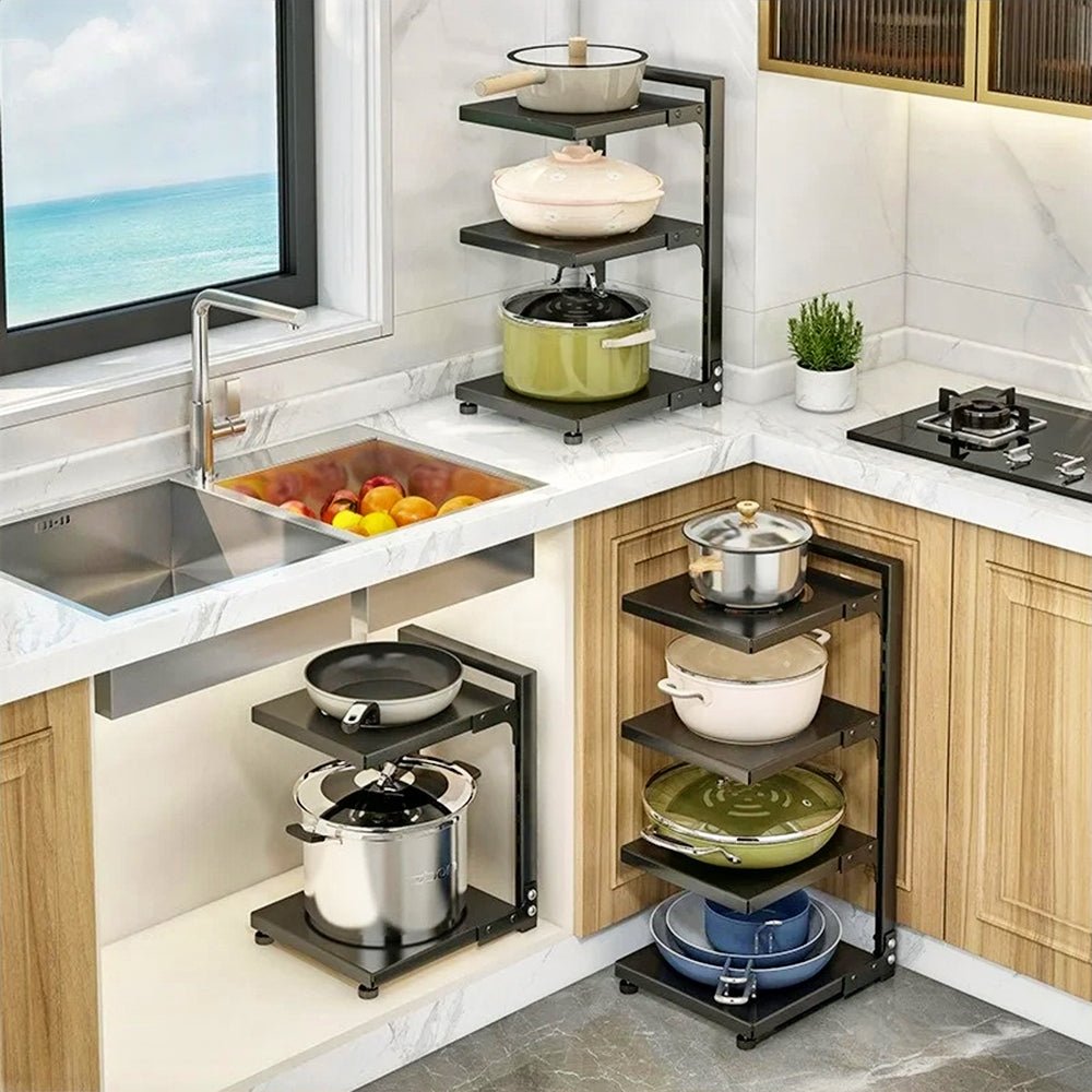 3-Tier Pots and Pans Organizer - Space Saving Kitchen Storage Rack for Cabinets & Countertops - Milo Cookware Organizer for Pots, Lids & Utensils - Perfect for Small Kitchens & Pantry Organization