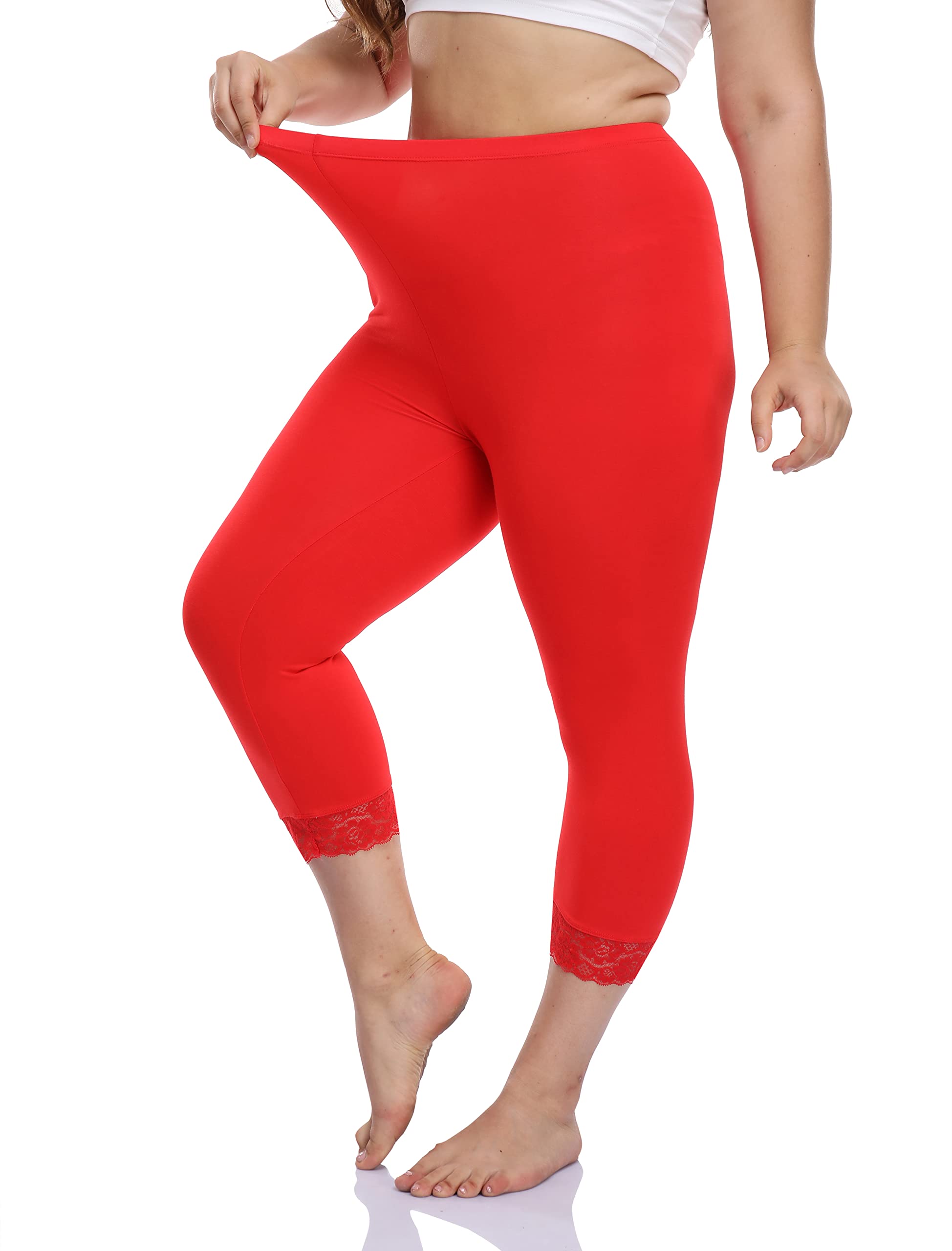 Plus Size Women's Lace Trim Capri Leggings - Stretchy Yoga Pants for Workouts & Lounge - Soft High-Waisted Cropped Tights for Yoga, Gym, Running & Casual Wear