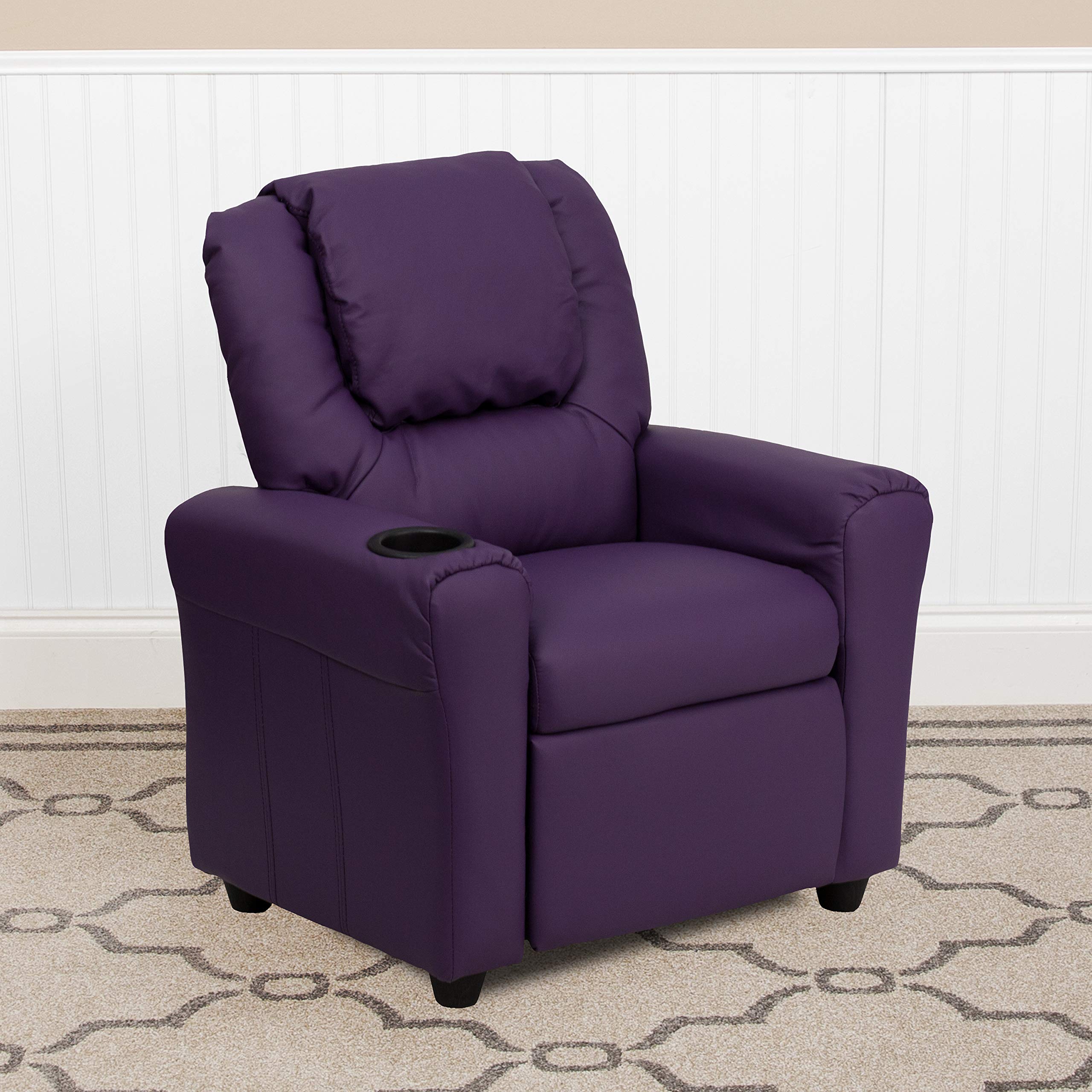Purple Vinyl Kids Recliner Chair with Cup Holder & Headrest - Comfortable Lounge Chair for Children's Bedroom, Playroom, or TV Watching