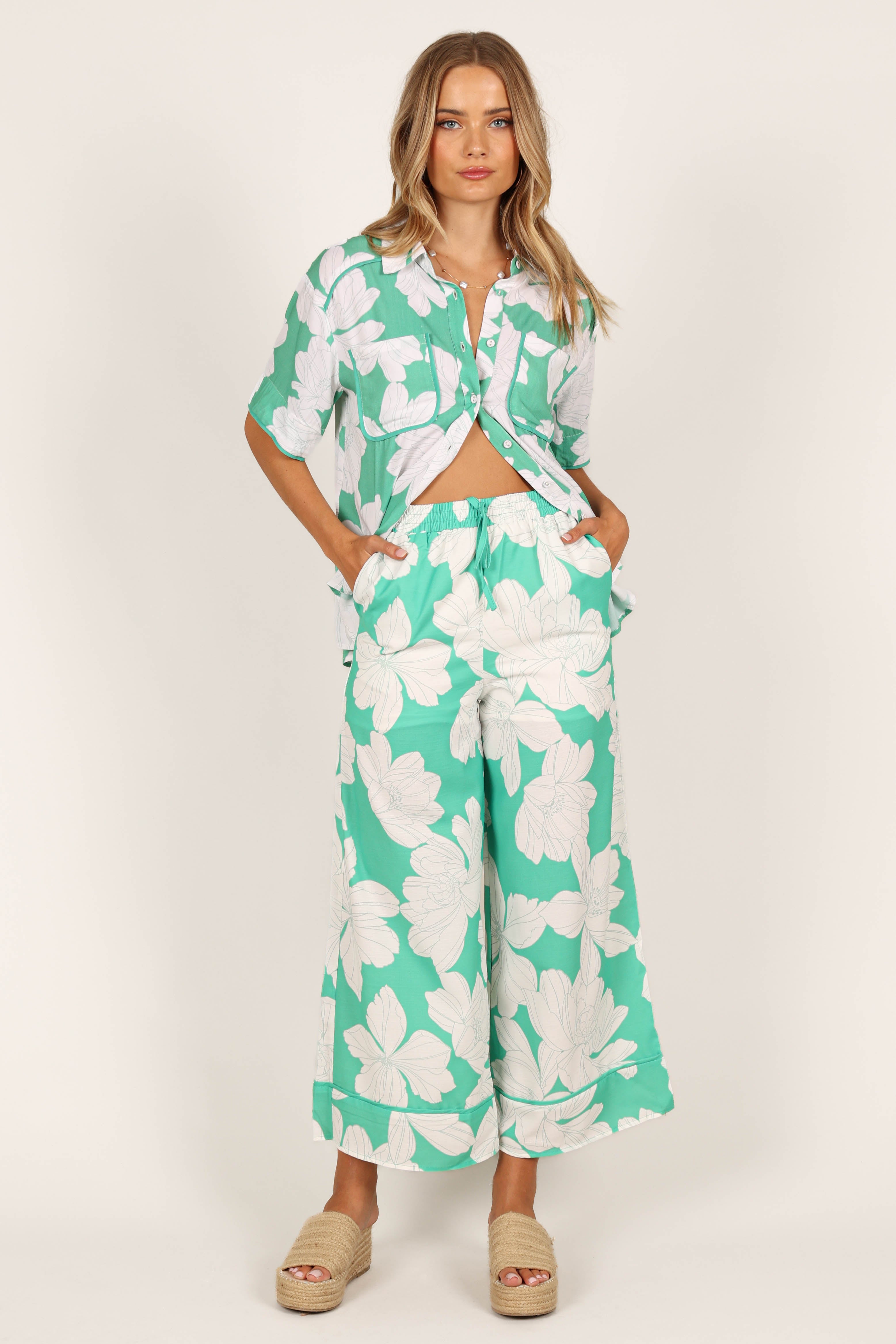 Bentley Women's Wide Leg Pants - Green Floral Print High Waist Linen Trousers for Casual Wear & Summer Outfits
