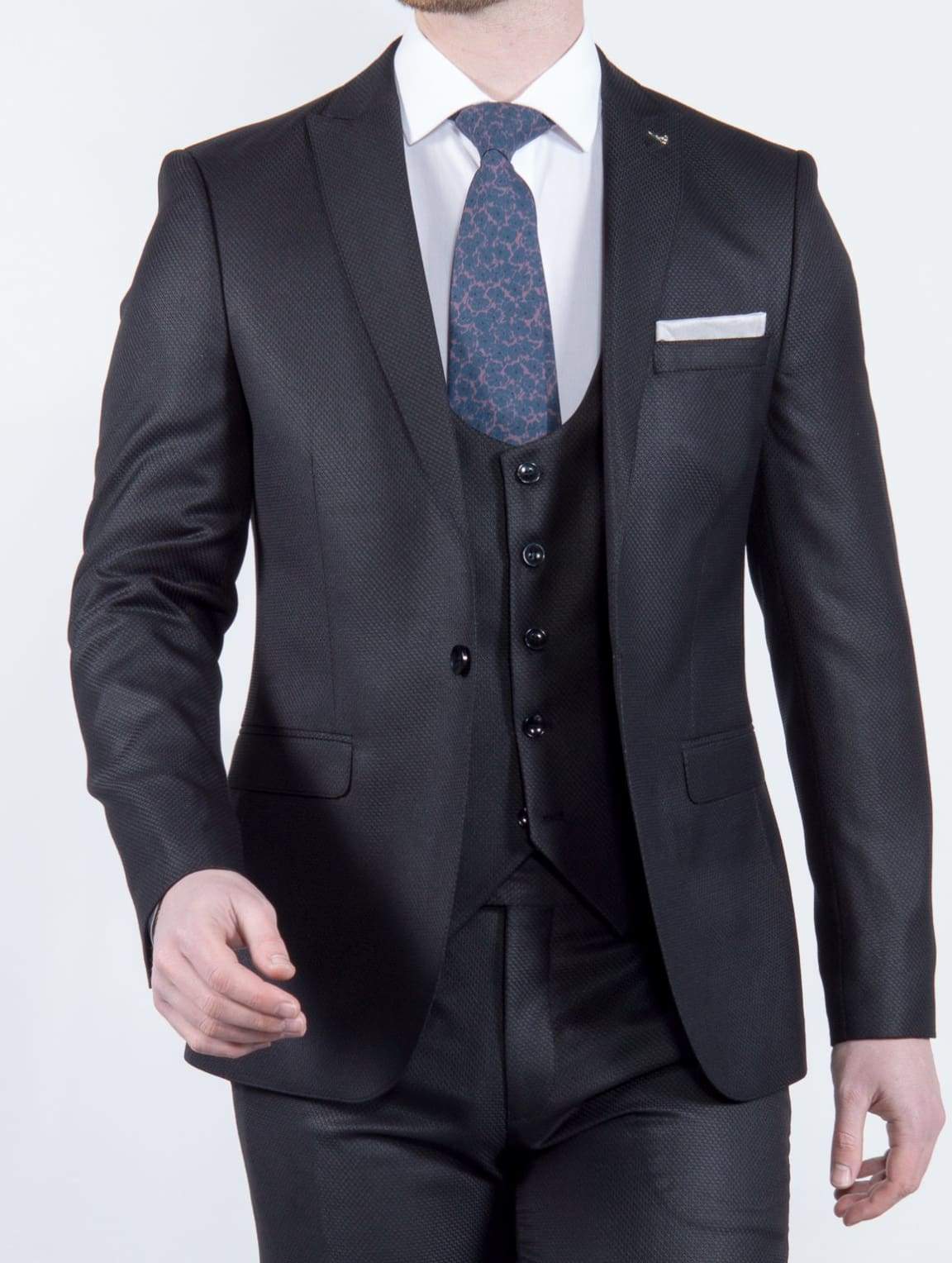 Bond Men's 3 Piece Slim Fit Black Textured Suit - Premium Wedding, Business & Formal Occasion Outfit