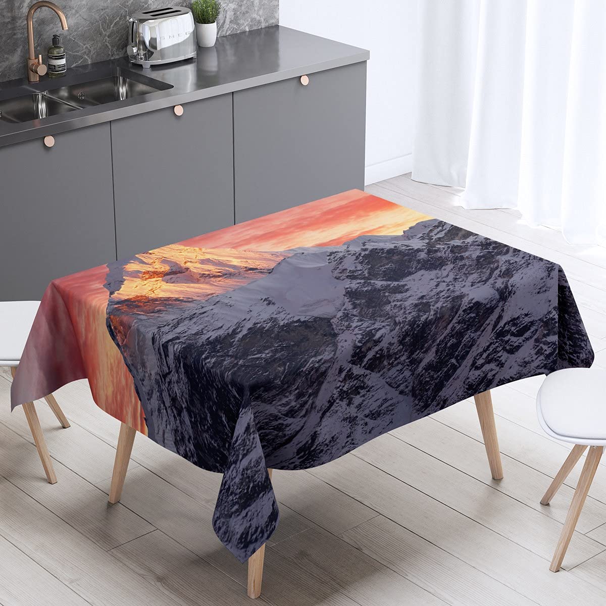 Waterproof Snow Mountain Sunset Landscape Tablecloth - 55 x 55 Inch Square Table Cover for Kitchen & Dining Room - Natural Scenery Decor for Indoor & Outdoor Use