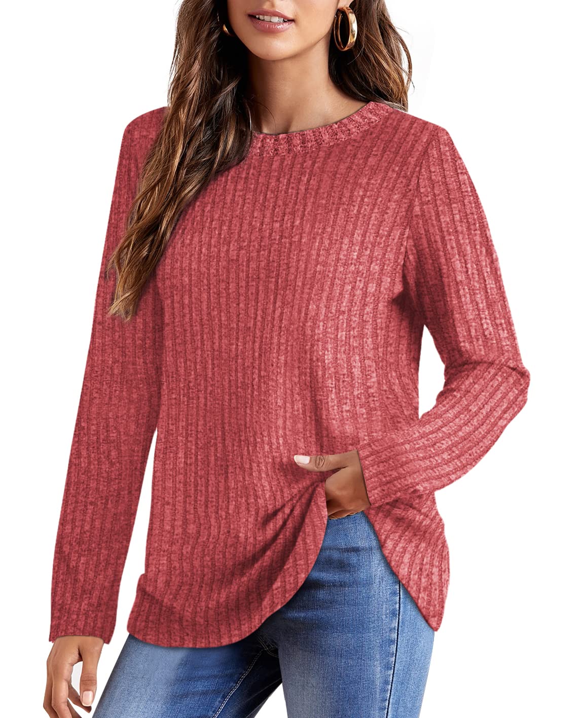 OFEEFAN Women's Lightweight Long Sleeve Crew Neck Tunic Tops - Comfortable Casual Blouse for Work, Travel & Everyday Wear