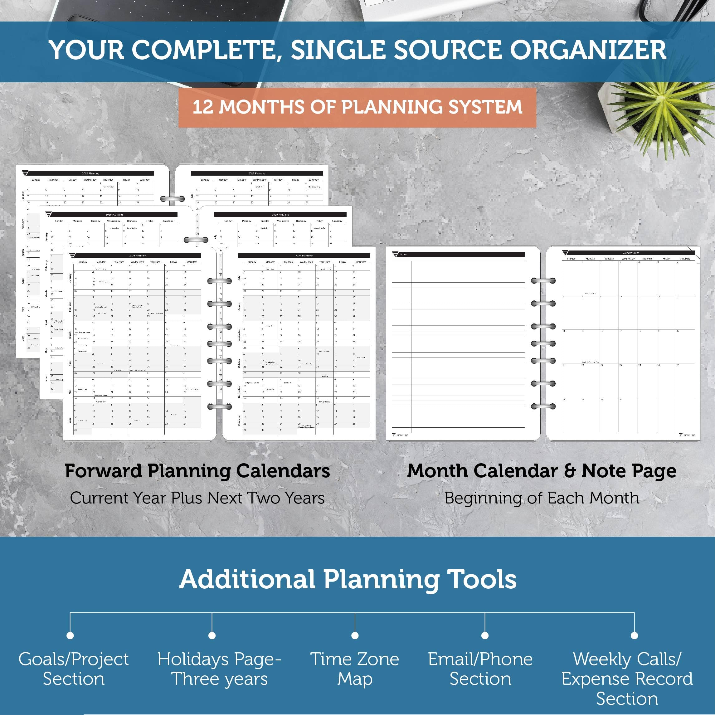 Planner Pad 7-Hole Loose Leaf 3-Tier Funnel Down Organizer - 12 Month Academic Planner (July 2024 - June 2025), Medium Size 6.75