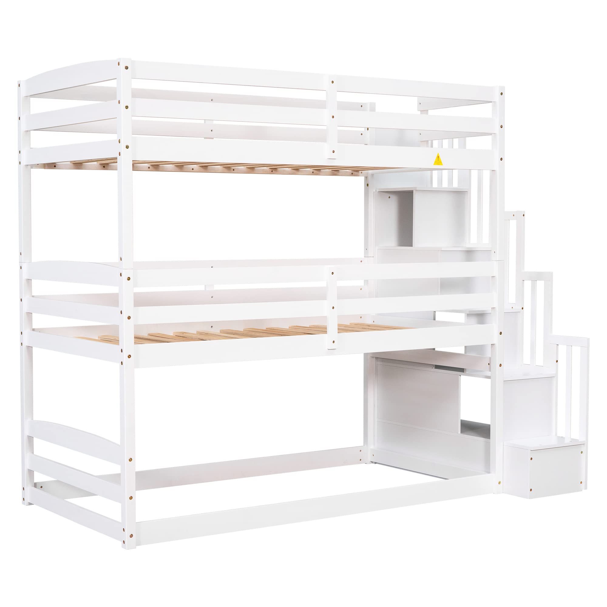 P PURLOVE Twin Over Twin Over Twin Triple Bunk Bed Frame with Storage Staircase - Convertible to Separate Bunk Beds & Platform Bed - Safety Guardrail Included - Space-Saving Kids Bedroom Furniture for Boys & Girls (White) - Perfect for Shared Rooms, Sleepovers & Small Spaces