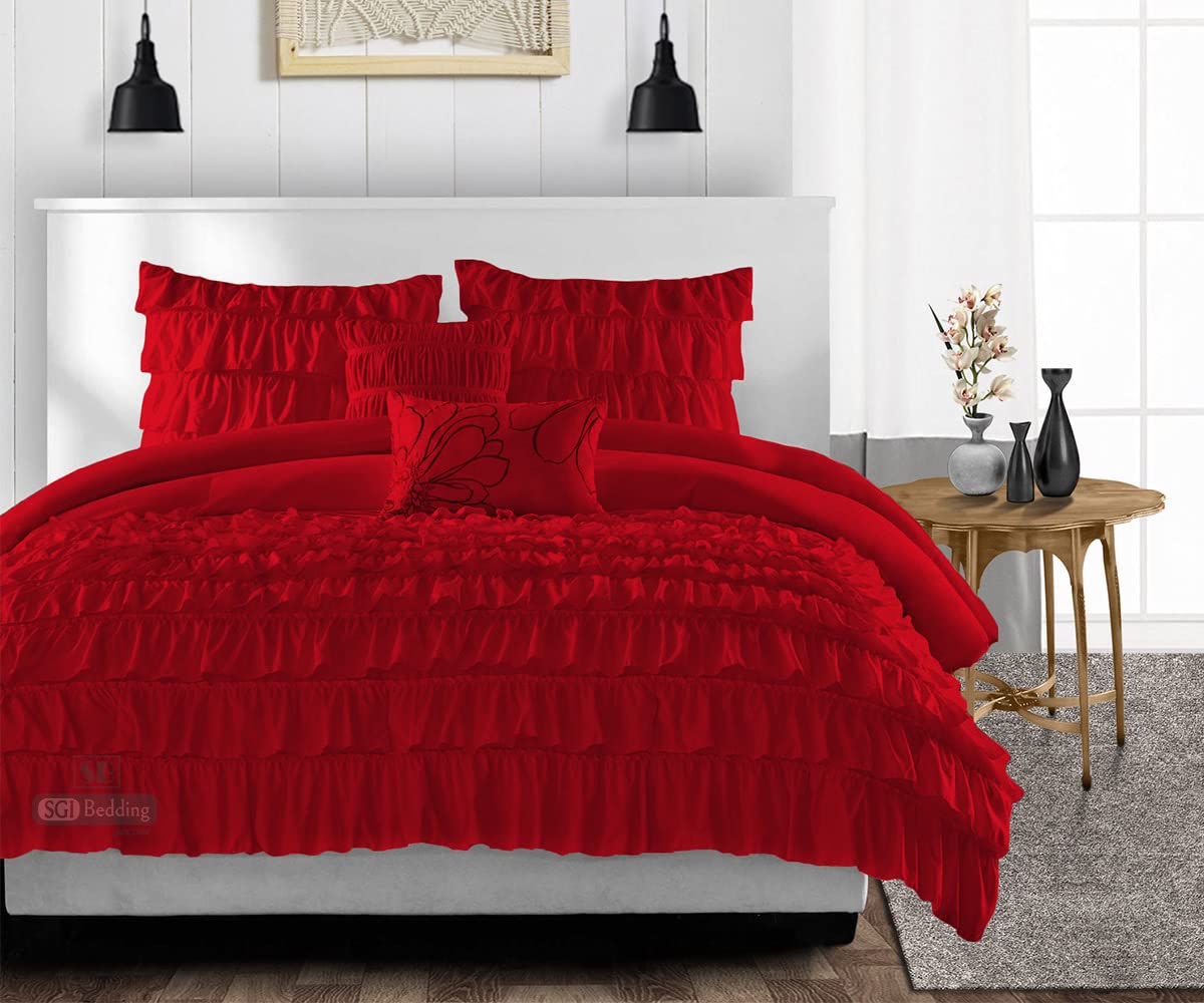 King Size Comforter Set - 300 GSM Plush Siliconized Microfiber Fill with Ruffled Design | Blood Red Fluffy Soft Duvet Insert & Matching Pillowcases | Box Stitched Quilted Microfiber Shell with Premium Piping | Perfect for Bedroom Decor, Guest Rooms & Cozy Winter Nights