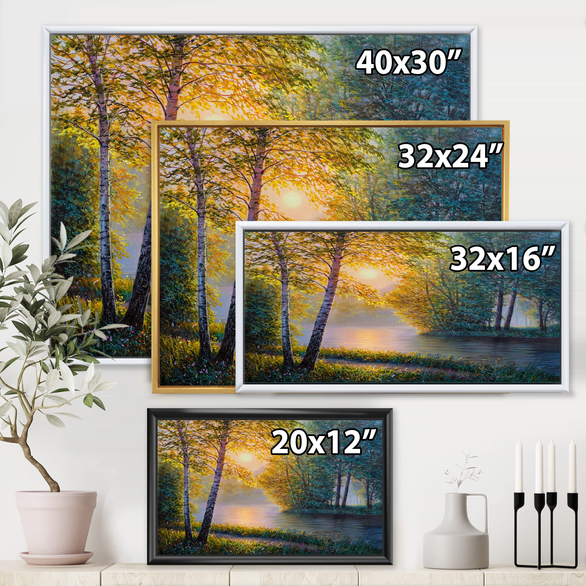 DesignQ Morning Summer Landscape with River, Spring Forest & Lake House - Framed Canvas Wall Art Print for Living Room, Bedroom & Office Decor
