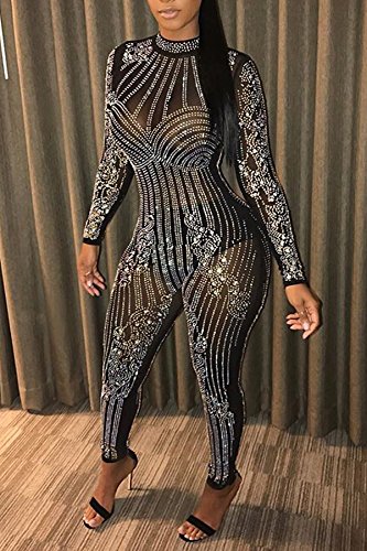 JEYKAY Women's Sexy Mesh See-Through Rhinestone Pantsuit - Geometric Tattoo Print Clubwear Jumpsuit for Party & Night Out (Black, Size S) | Perfect for Cocktail Parties, Clubbing & Festivals