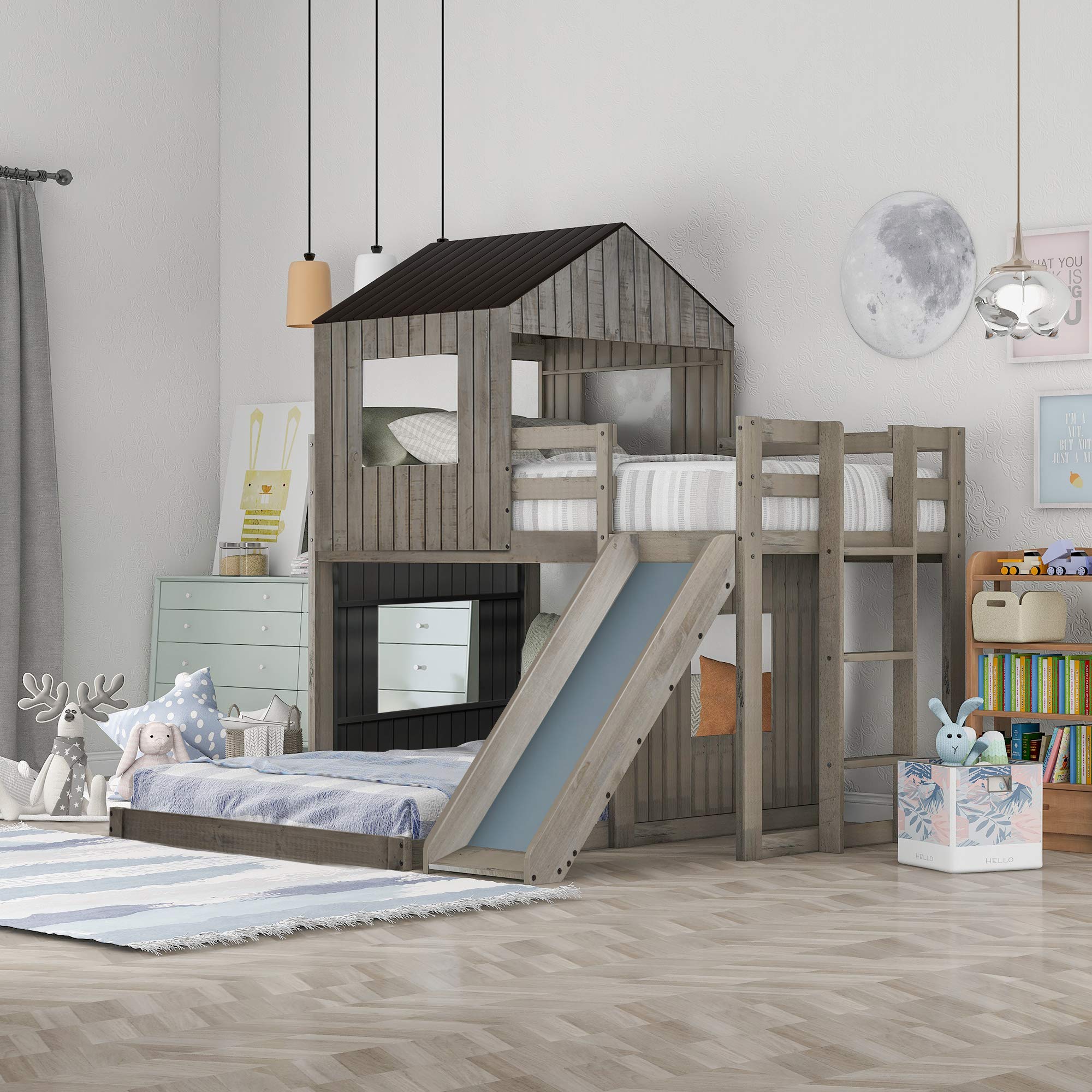 SOFTSEA Wooden Loft Bunk Bed Twin Over Full with Playhouse, Ladder, Slide & Safety Rails - Farmhouse Style Kids Bedroom Furniture (Antique Gray) - Perfect for Siblings Sharing Rooms, Daycare Centers & Vacation Homes