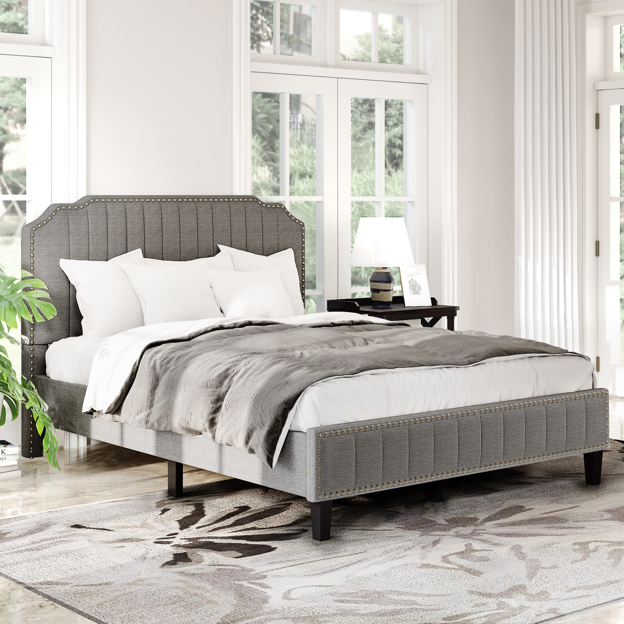 Modern Upholstered Full Size Platform Bed Frame with Solid Wood Structure - Grey Linen Fabric Headboard & Nailhead Trim - Perfect for Master Bedroom, Guest Room & Apartment Sleeping