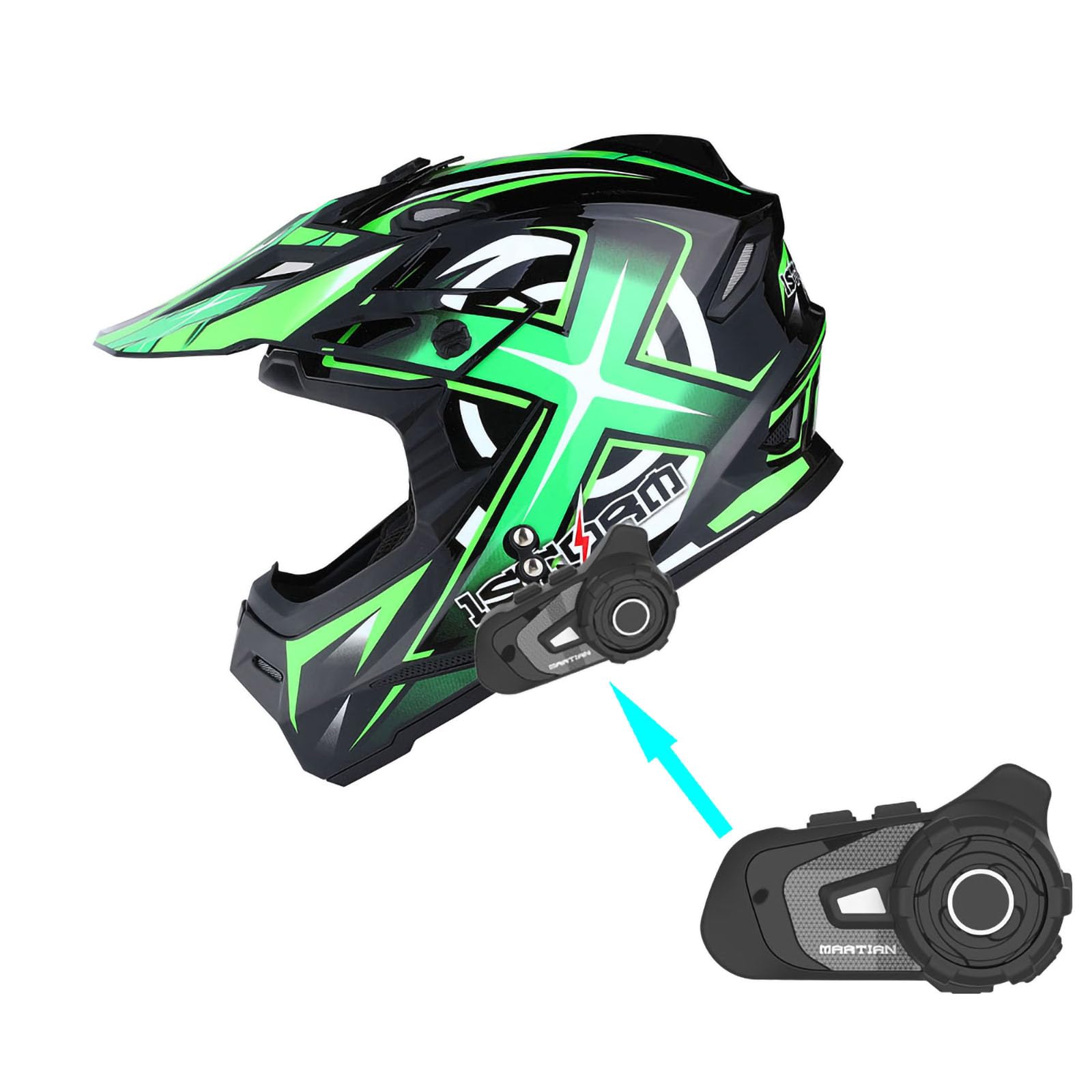 1Storm Adult Motocross Helmet - BMX MX ATV Dirt Bike Racing Helmet with Bluetooth Headset (Sonic Green) | Lightweight DOT Approved for Off-Road Motorcycle & ATV Riding