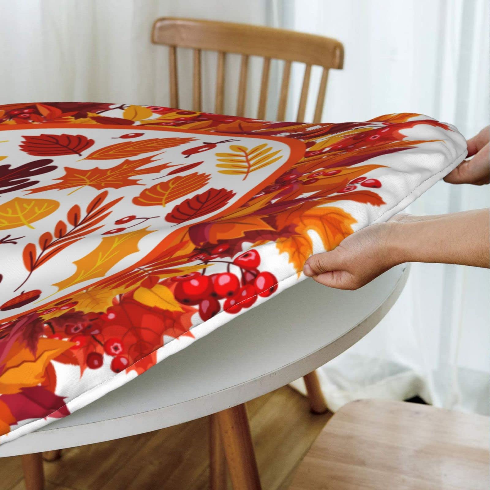 Autumn Maple Leaves Round Elastic Fitted Tablecloth - Washable Stretch Table Cover for Kitchen, Dining, Party (Fits 40-44 Inch Tables) - Perfect for Fall Decorations & Holiday Gatherings