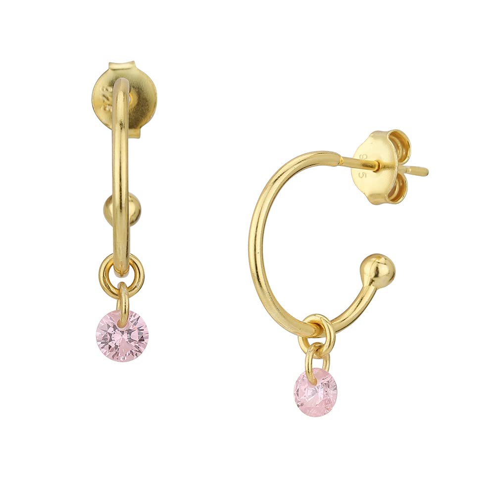 Vanbelle Sterling Silver Half Hoop Earrings with Dangling Pink Cubic Zirconia & Gold Plating - Elegant Dangle Earrings for Women & Girls | Perfect for Parties, Weddings & Everyday Wear