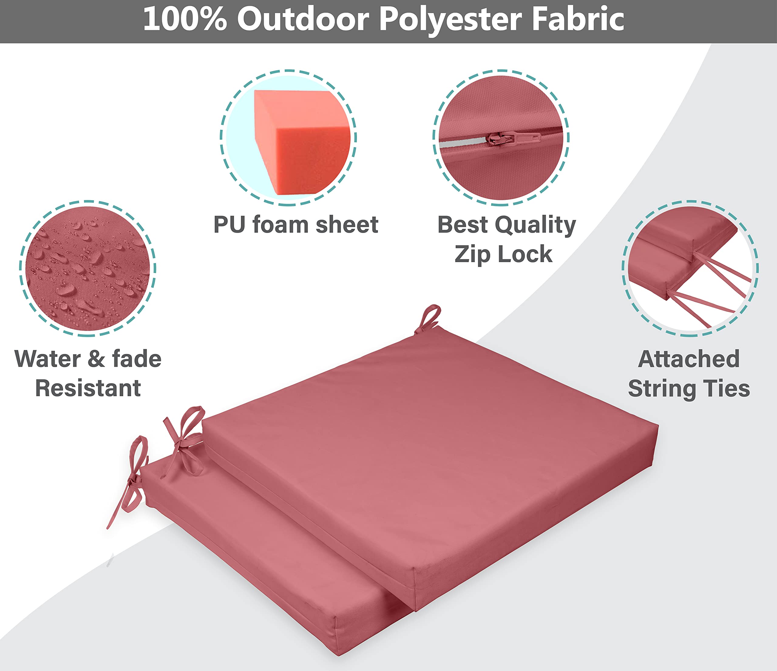 20x20 Inch Square Indoor/Outdoor Chair Cushions with Ties - Waterproof Patio Seat Cushions Set of 2 for Garden Furniture, Deck Chairs & Home Decor (Rose Pink) | Perfect for Outdoor Lounging, Poolside Relaxation & Backyard Gatherings