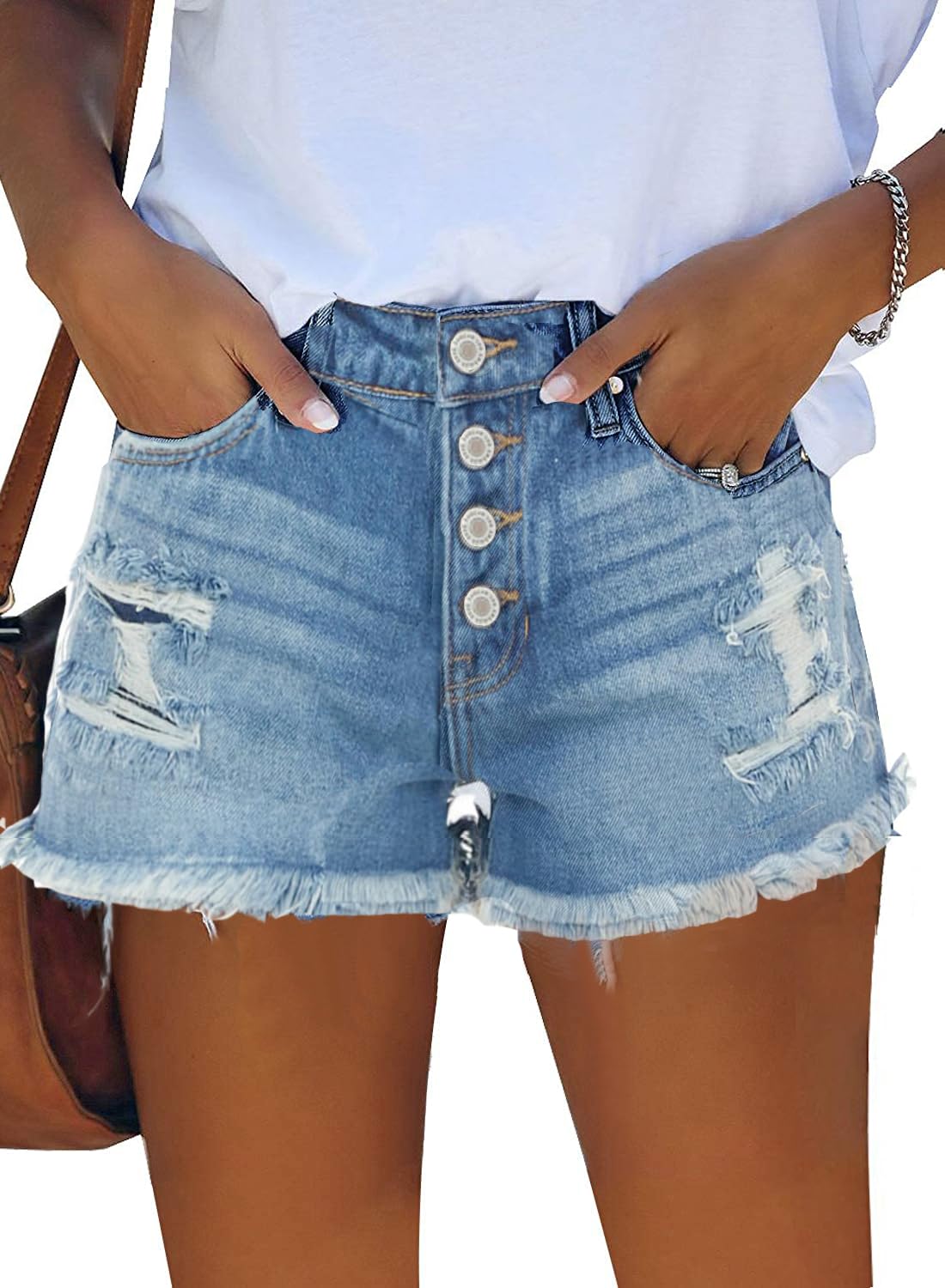 ZOLUCKY Women's Stretchy Ripped Denim Shorts - Mid Waist Casual Jean Shorts with Pockets for Summer | Perfect for Beach, Travel & Everyday Wear