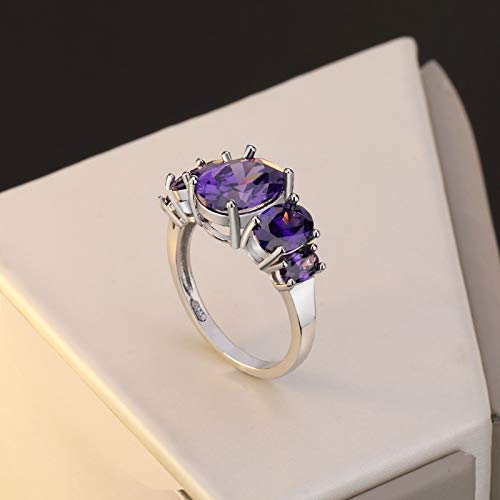 AZQ 925 Sterling Silver Amethyst Ring - Oval Cut 2Ct Cubic Zirconia 5-Stone Eternity Band for Women | Perfect for Engagement, Wedding & Anniversary Gifts | Elegant Jewelry for Special Occasions