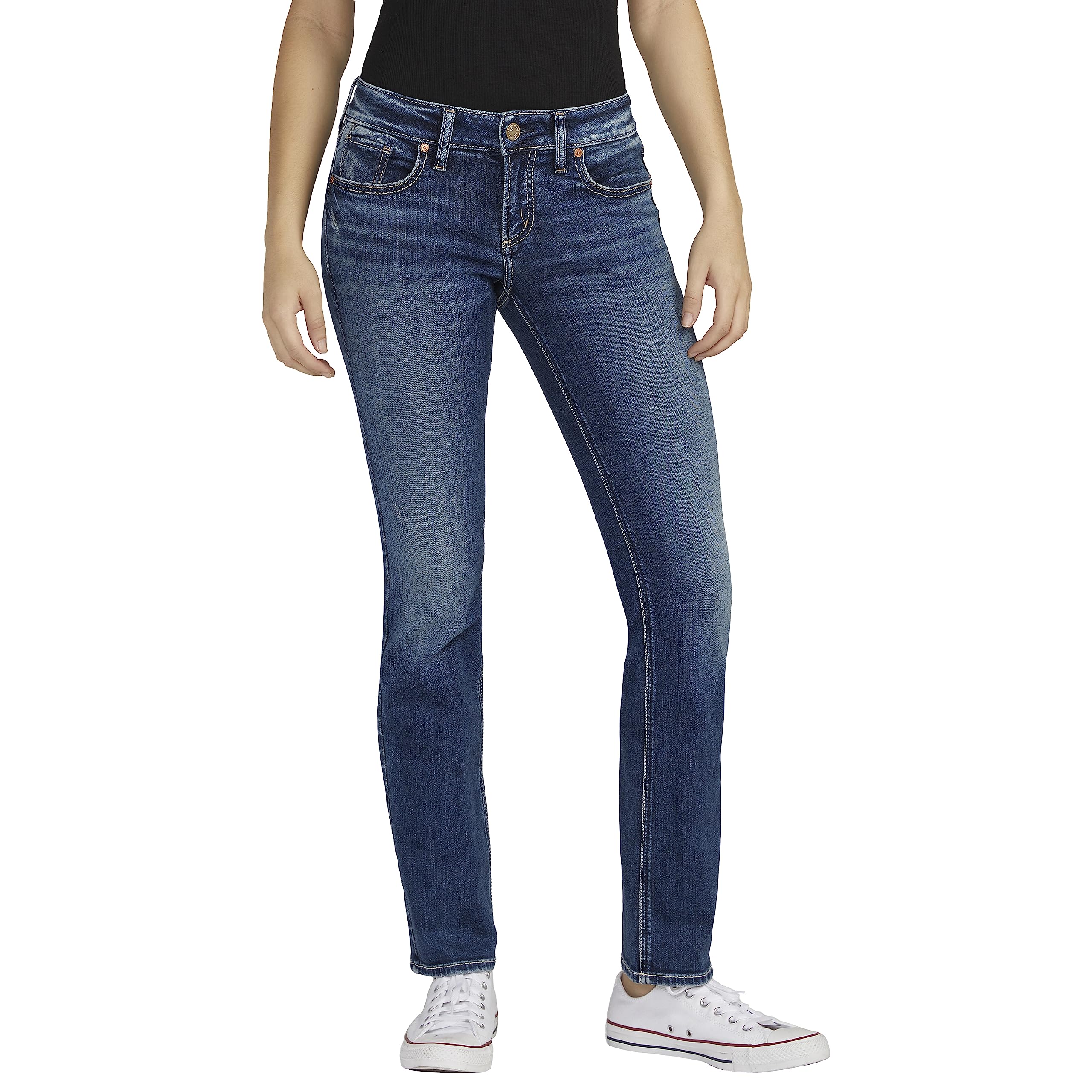 Silver Jeans Co. Women's Britt Low Rise Curvy Fit Straight Leg Jeans - Comfortable Stretch Denim Pants for Casual Wear & Everyday Outfits