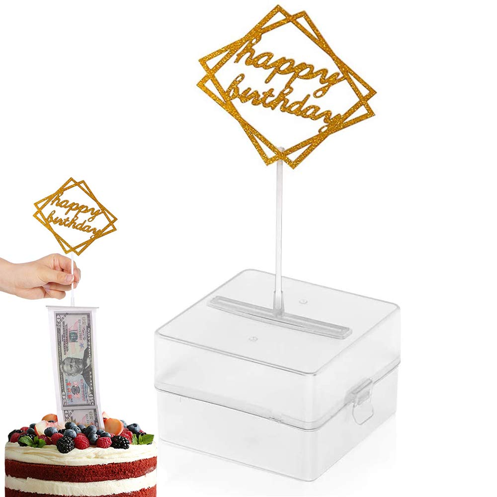 Money Pull Out Cake Kit - Includes 1 Clear Food-Safe Box, 1 Gold Cake Topper & 20 Money Pockets for Birthday Party Decorations | Perfect for Surprise Cash Gifts at Weddings, Graduations & Special Celebrations