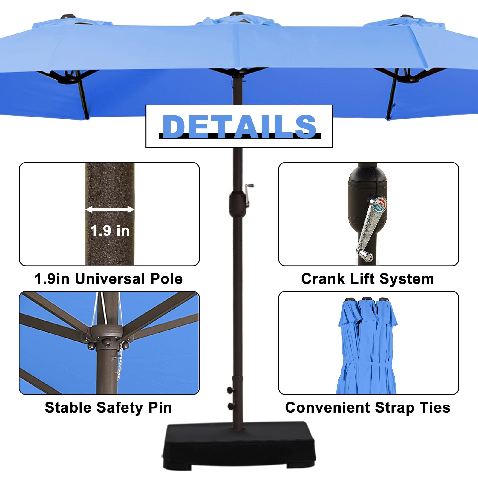 15FT Double Sided Outdoor Patio Umbrella with Base Stand - Heavy Duty Market Umbrella for Dining Table, Garden, Pool & Yard - Perfect for Shade in Backyard, Restaurant or Beachside Cafe