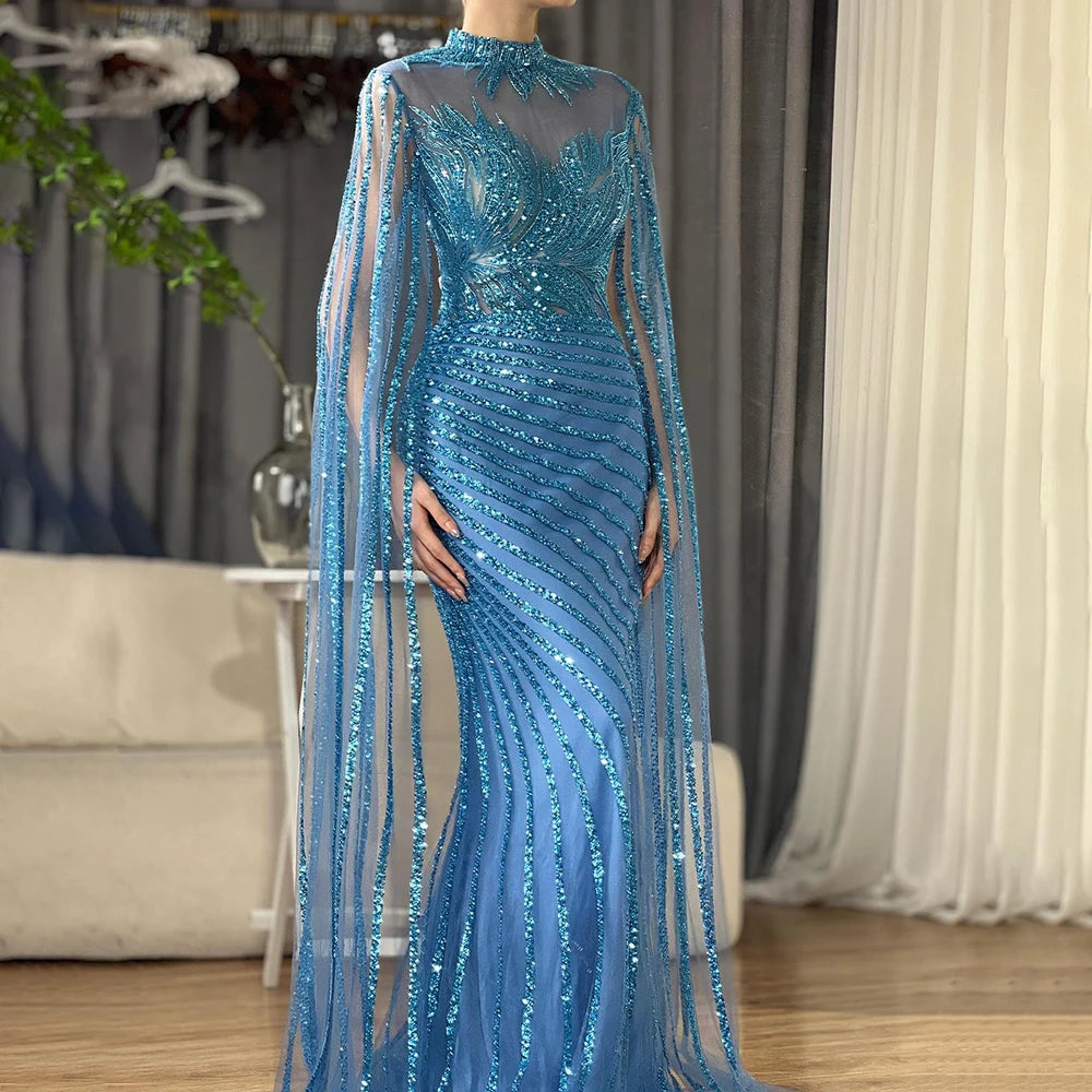 Luxury Dubai Arabic Nude Mermaid Cape Sleeves Lace Beaded Long Evening Dress Gown for Formal Occasions - Perfect for Weddings, Galas & Red Carpet Events LA71885B