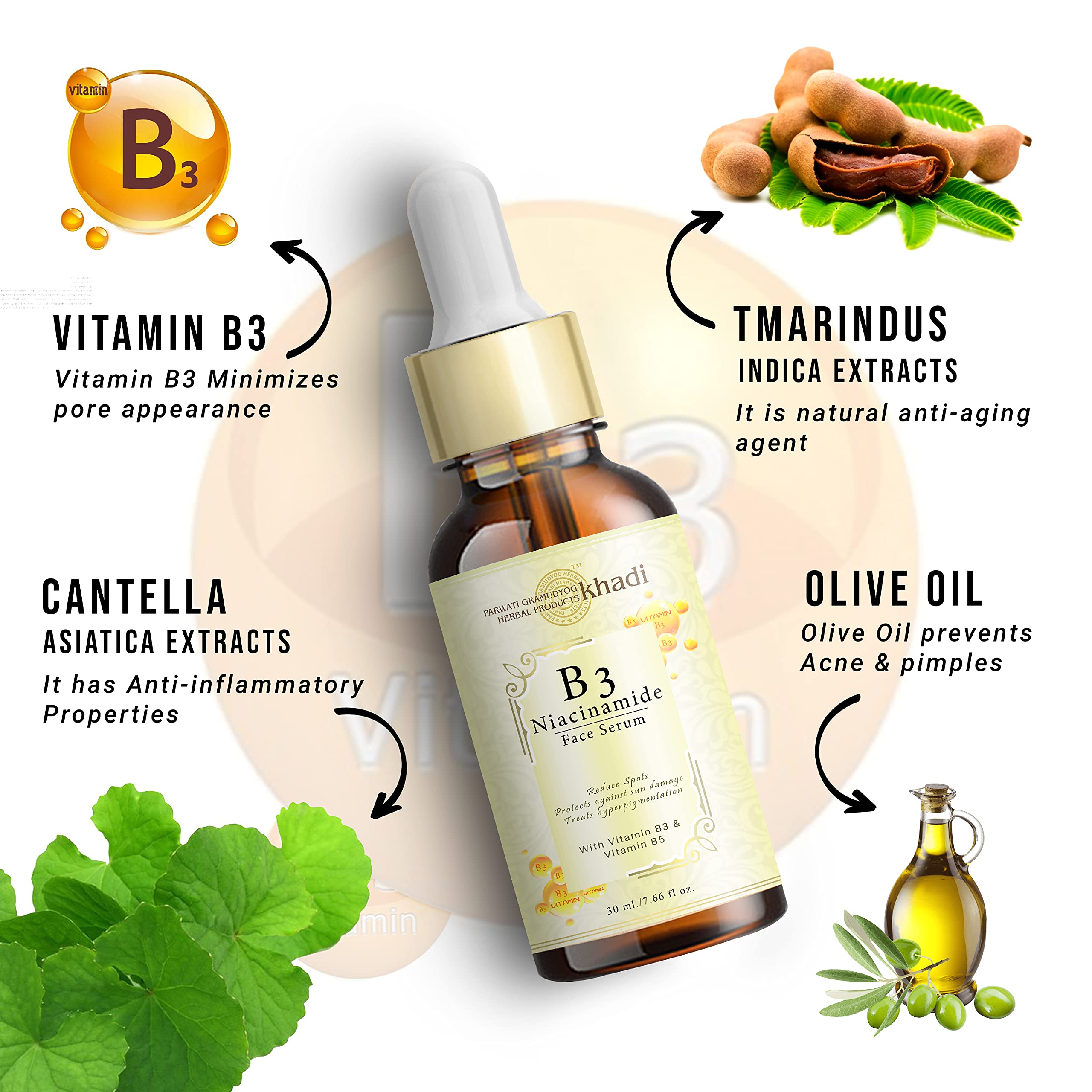 Khadi Niacinamide Vitamin B3 Face Serum with Vitamin B5 - Improves Skin Texture, Reduces Dark Spots & Hyperpigmentation, Sun Damage Protection - 30ml (Pack of 1) - Perfect for Daily Skincare Routine & Anti-Aging Treatment