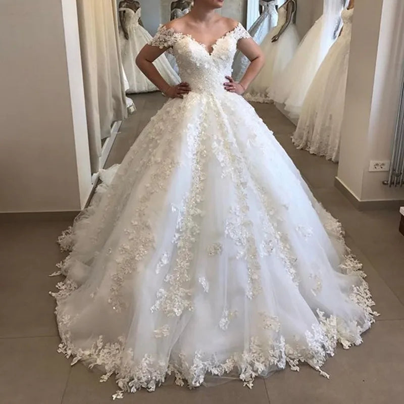 Elegant Off Shoulder Puffy Ball Gown Wedding Dress - Backless V Neck Bridal Gown for Bride - Perfect for Beach Weddings, Church Ceremonies & Romantic Photoshoots