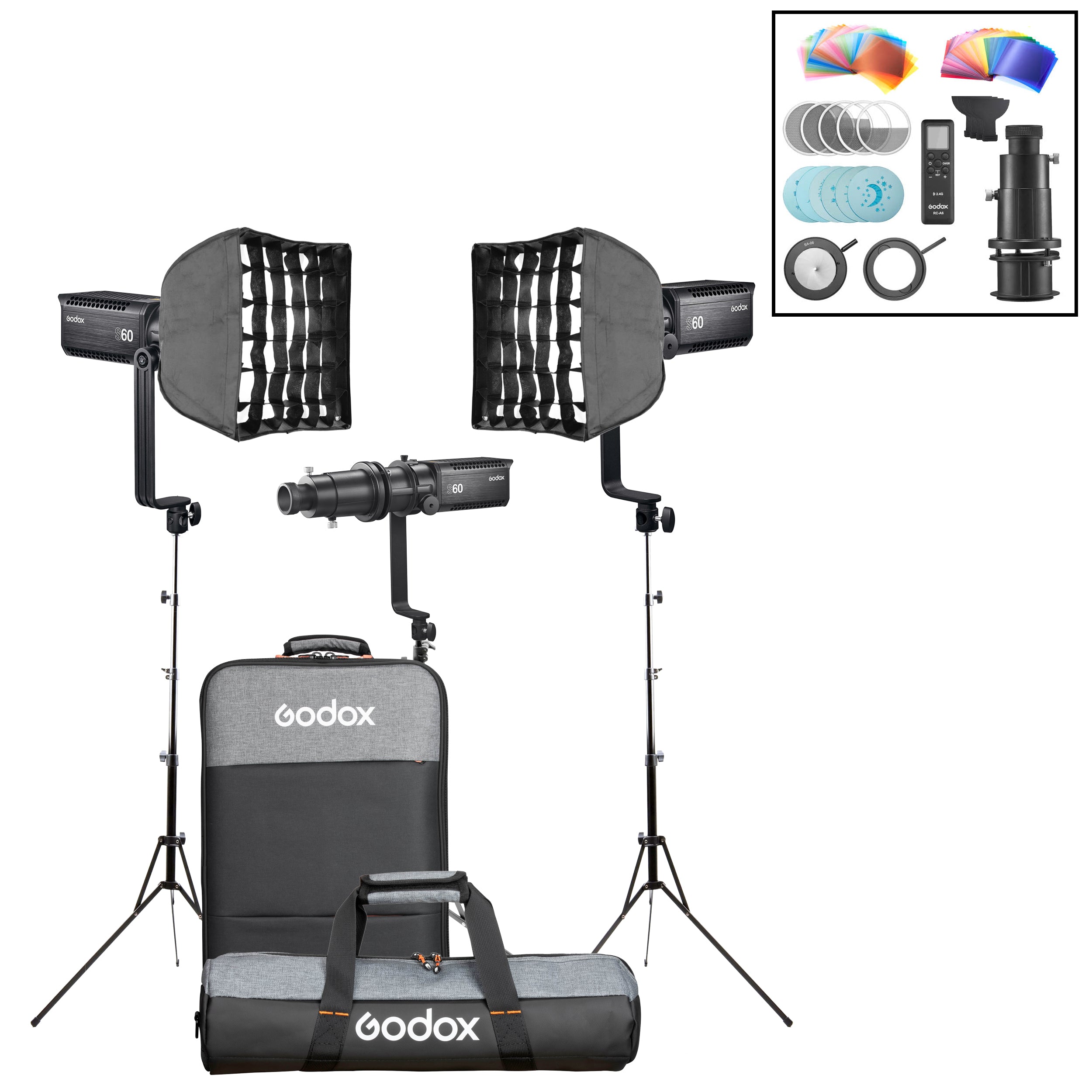 Godox S60Bi 3-Head LED Lighting Kit with Softbox - Professional Continuous Lighting for Photography, Videography, and YouTube Studio Setup