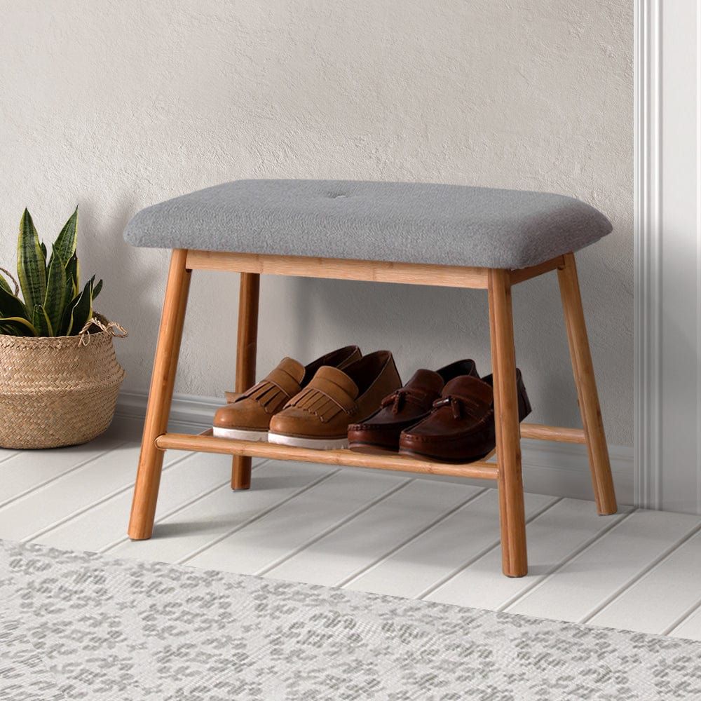 Bamboo Shoe Rack Bench with Seat - Grey Storage Organizer for Entryway, Bedroom & Closet | Multi-Functional Shoe Shelf & Sitting Furniture