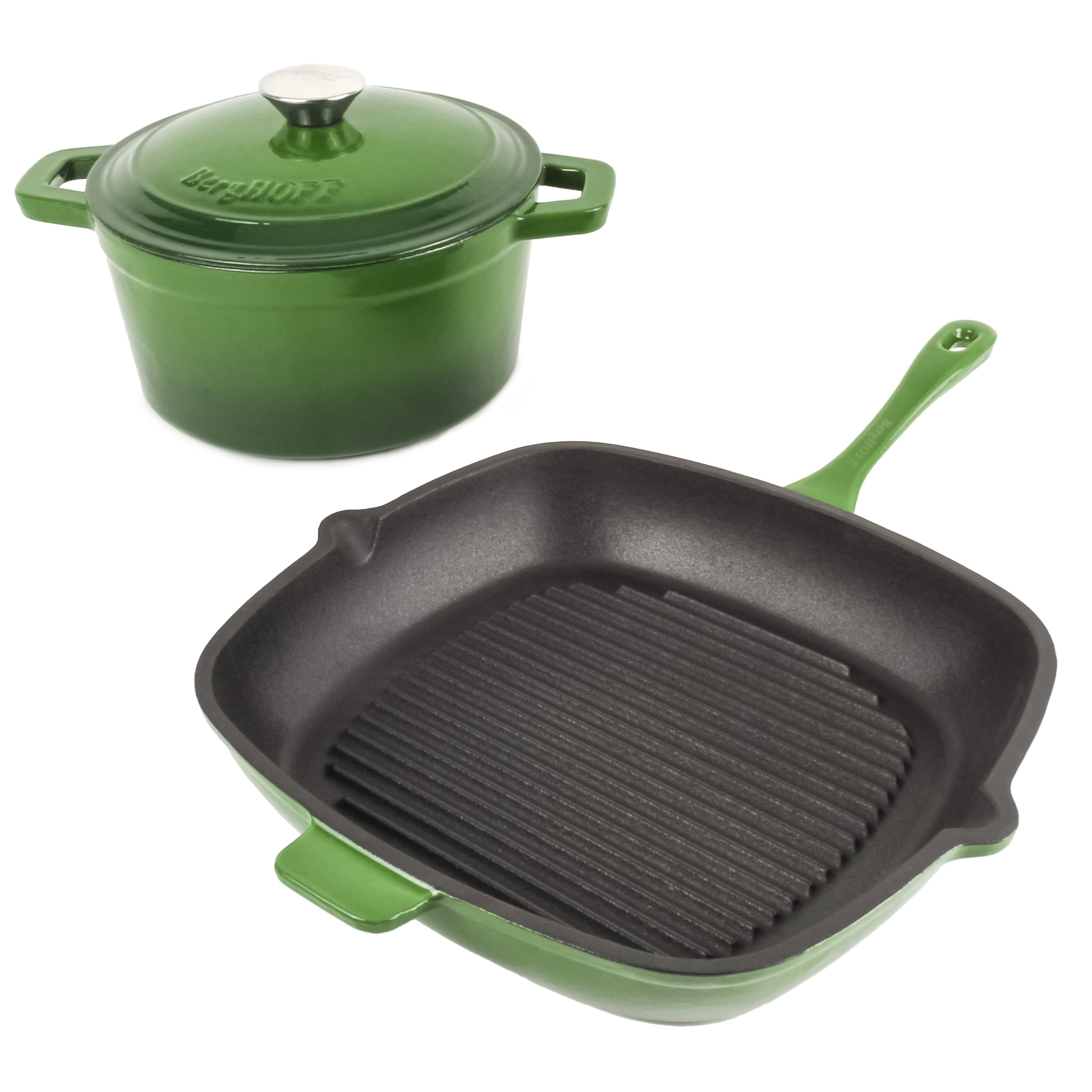 BergHOFF Neo 3-Piece Cast Iron Cookware Set - Grill Pan & Round Dutch Oven with Lid, Green Enameled - Perfect for Stovetop, Oven & Outdoor Cooking - Ideal for Searing, Braising & Camping