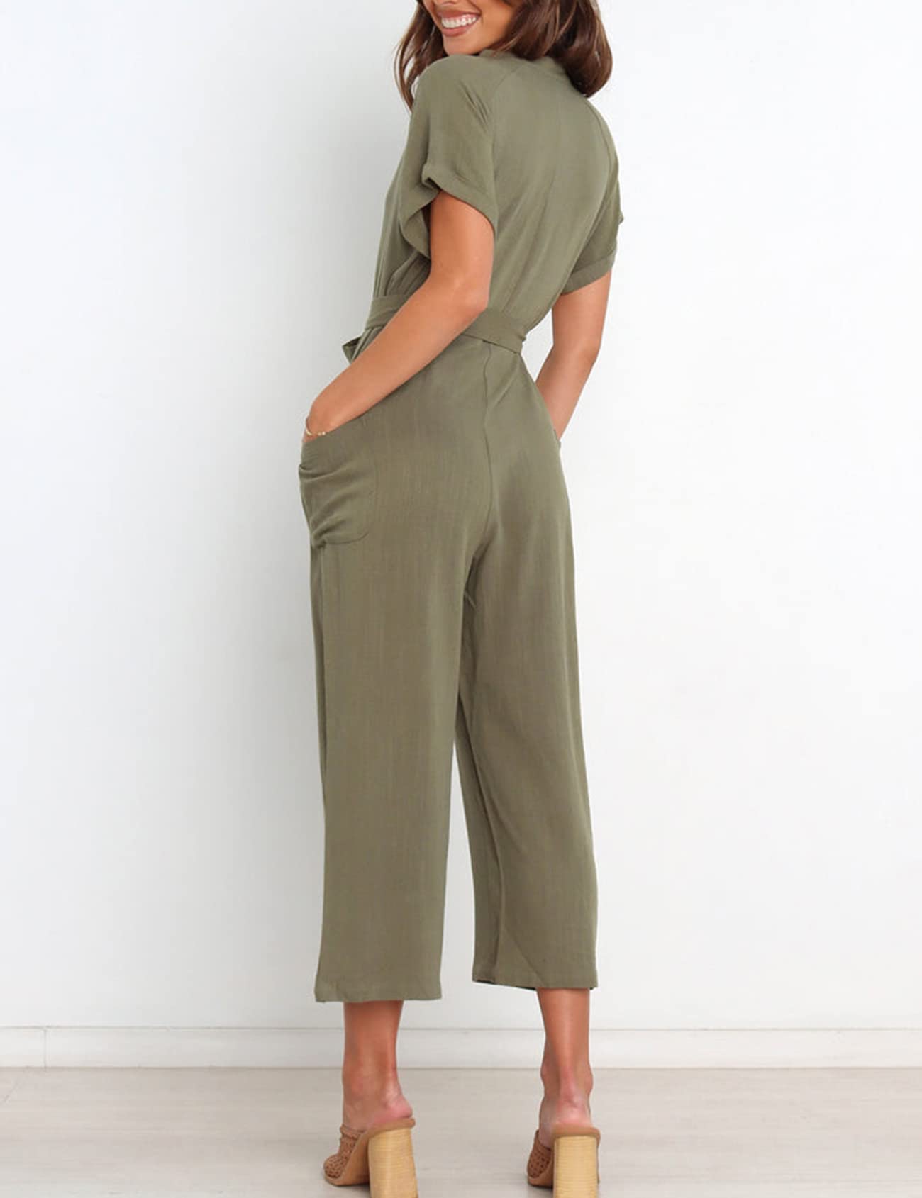 Kissonic Women's Short Sleeve V-Neck Button Down Wide Leg Jumpsuit with Belt - Casual Summer Romper for Beach, Travel & Everyday Wear