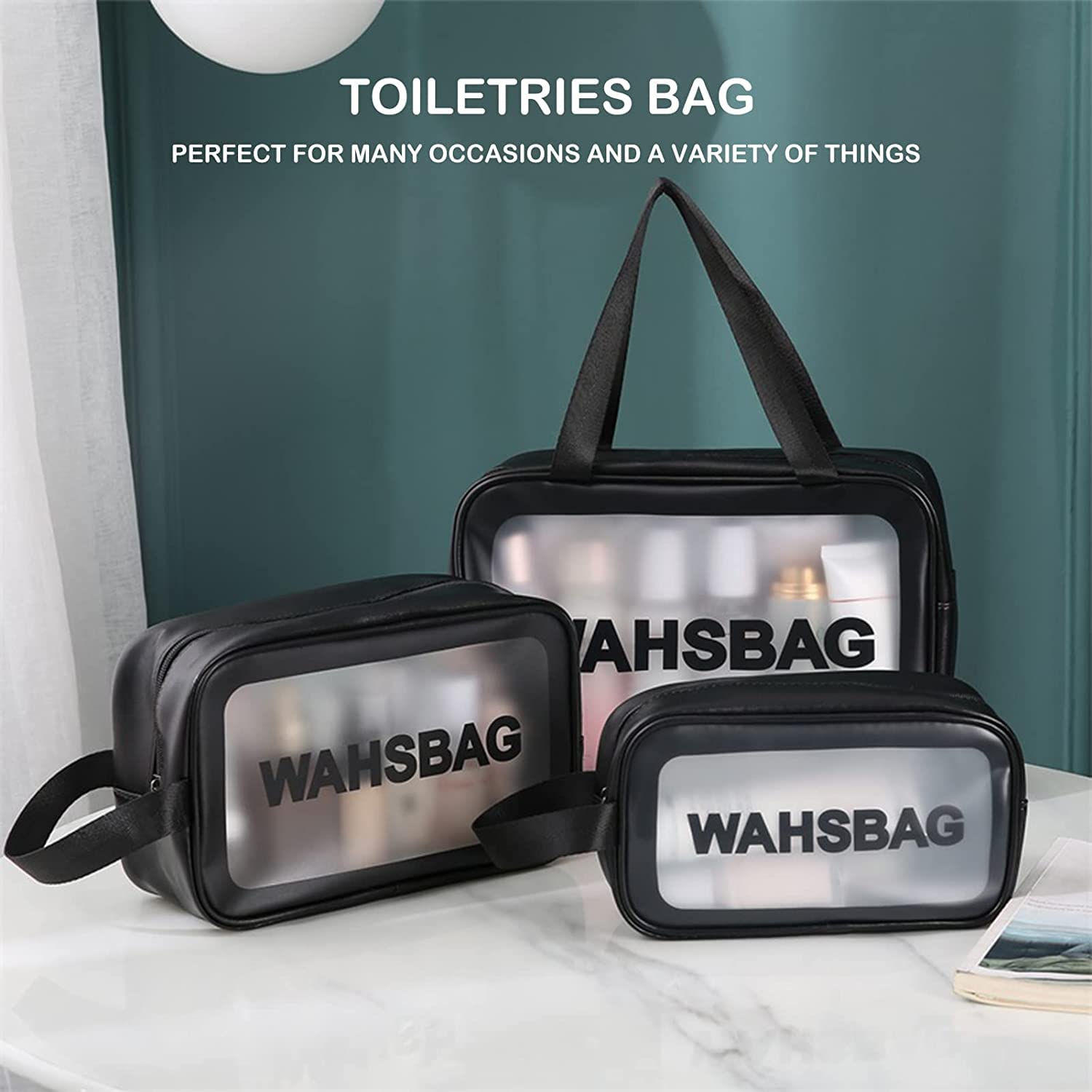CHIMMET Waterproof PVC Cosmetic Bag Set for Women | 3-Piece Travel Toiletry Organizer | Multi-Functional Wash Pouch for Makeup, Bath Accessories & Grooming Kit | Perfect for Travel, Gym & Daily Use (Black)