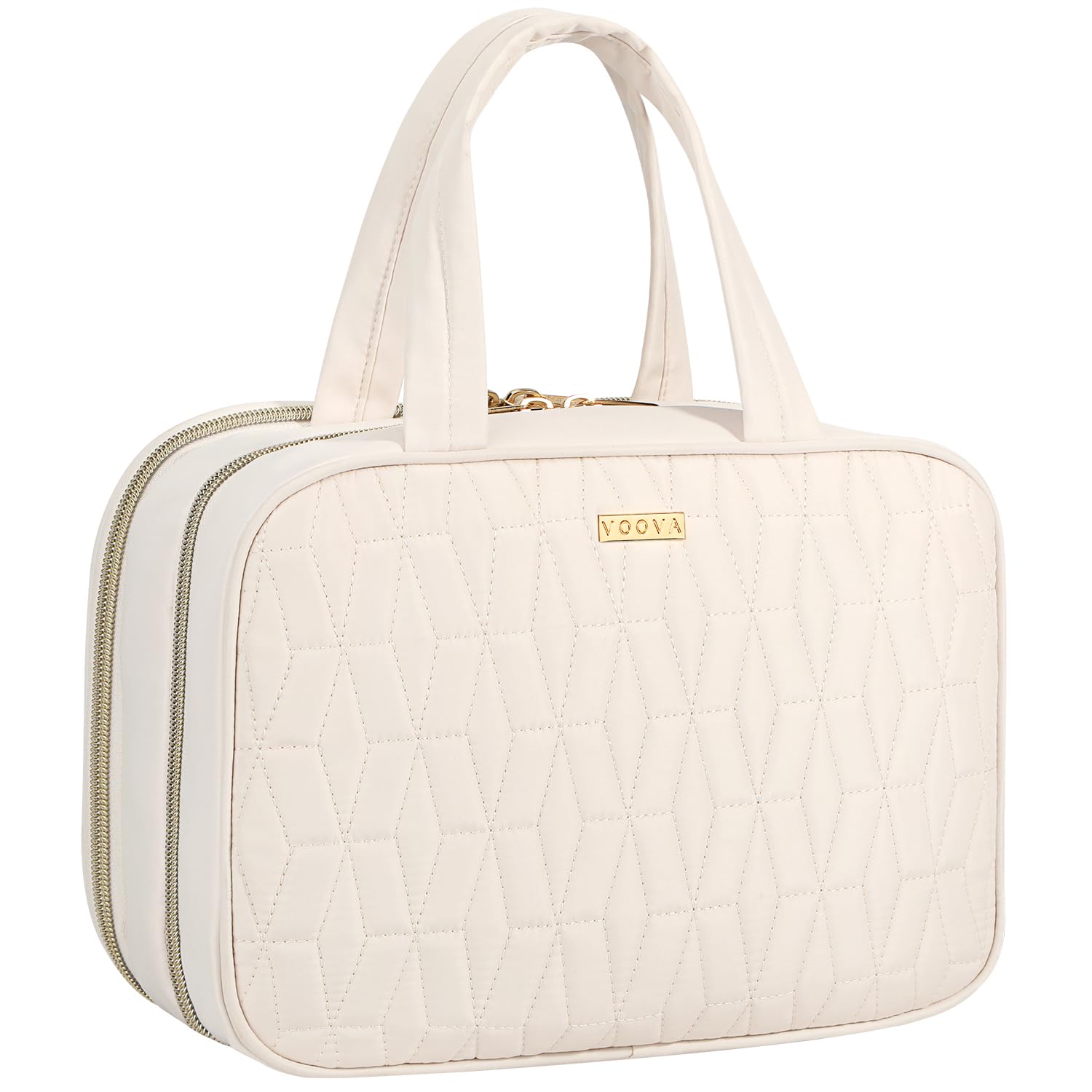Voova Hanging Travel Toiletry Bag for Women & Men - Waterproof Cosmetic Organizer with Full-Sized Container & Brush Set - Perfect for Shampoo, Makeup & Travel Essentials (Beige) - Ideal for Camping, Gym & Business Trips