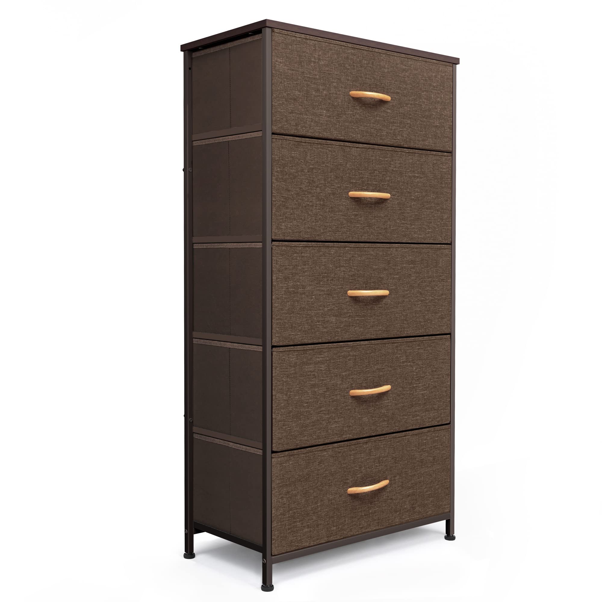 VredHom 5-Drawer Tall Fabric Dresser Storage Organizer - Wooden Top Steel Frame Clothes Chest for Bedroom, Closet, Nursery | Space-Saving Vertical Storage Solution for Small Spaces & Apartment Living