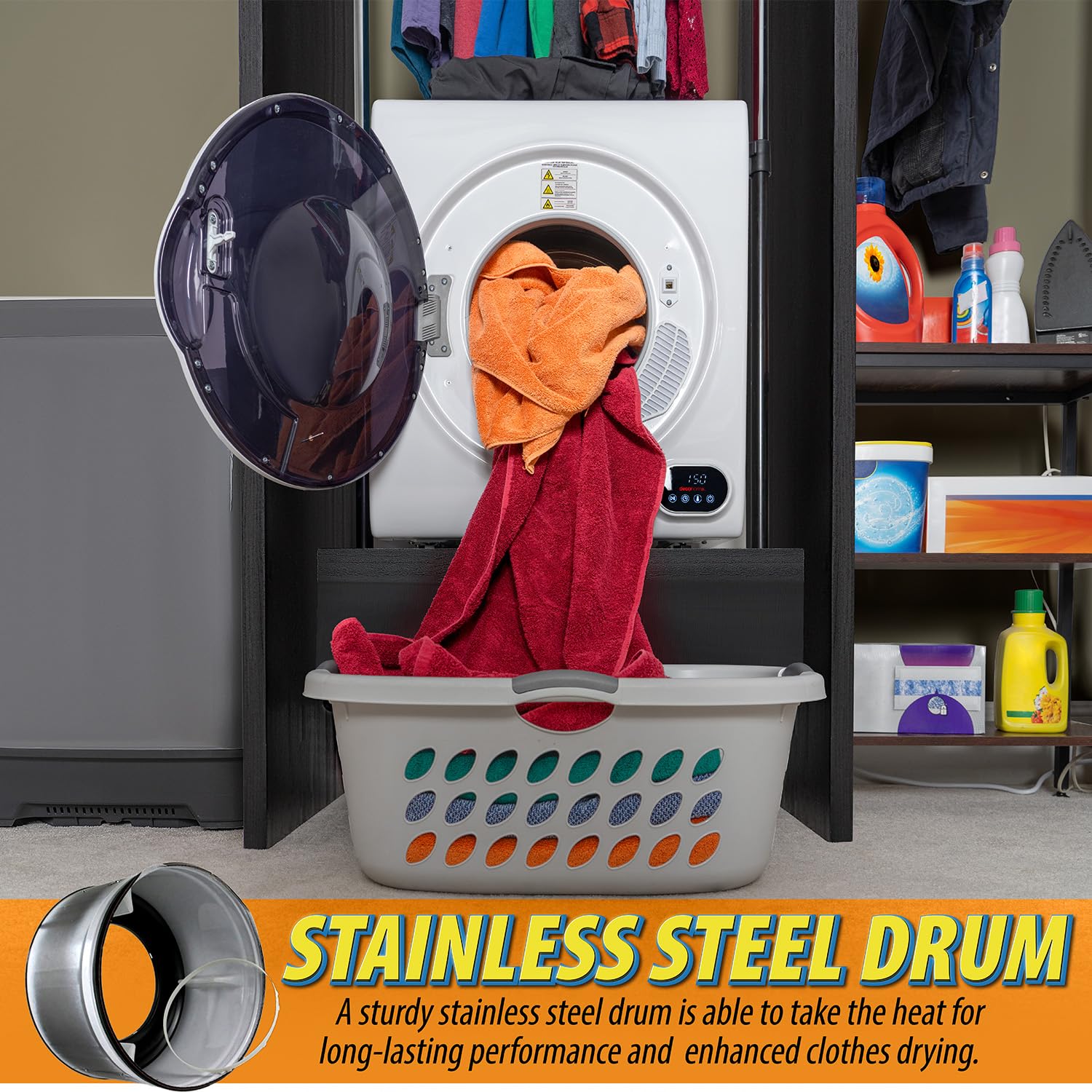 1400W Front Load Tumble Dryer with Stainless Steel Tub - 4 Drying Programs, Auto Humidity Sensor & LCD Touch Panel | Perfect for Apartments, Laundromats & Small Homes | Fast Drying & Energy Efficient