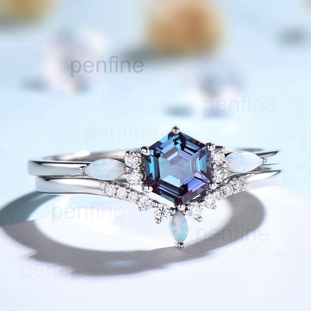 Hexagon Alexandrite Engagement Ring Set - Vintage Cluster Marquise Opal Wedding Ring - Personalized Anniversary Gift for Women - June Birthstone Jewelry - Perfect for Proposals, Weddings & Special Occasions