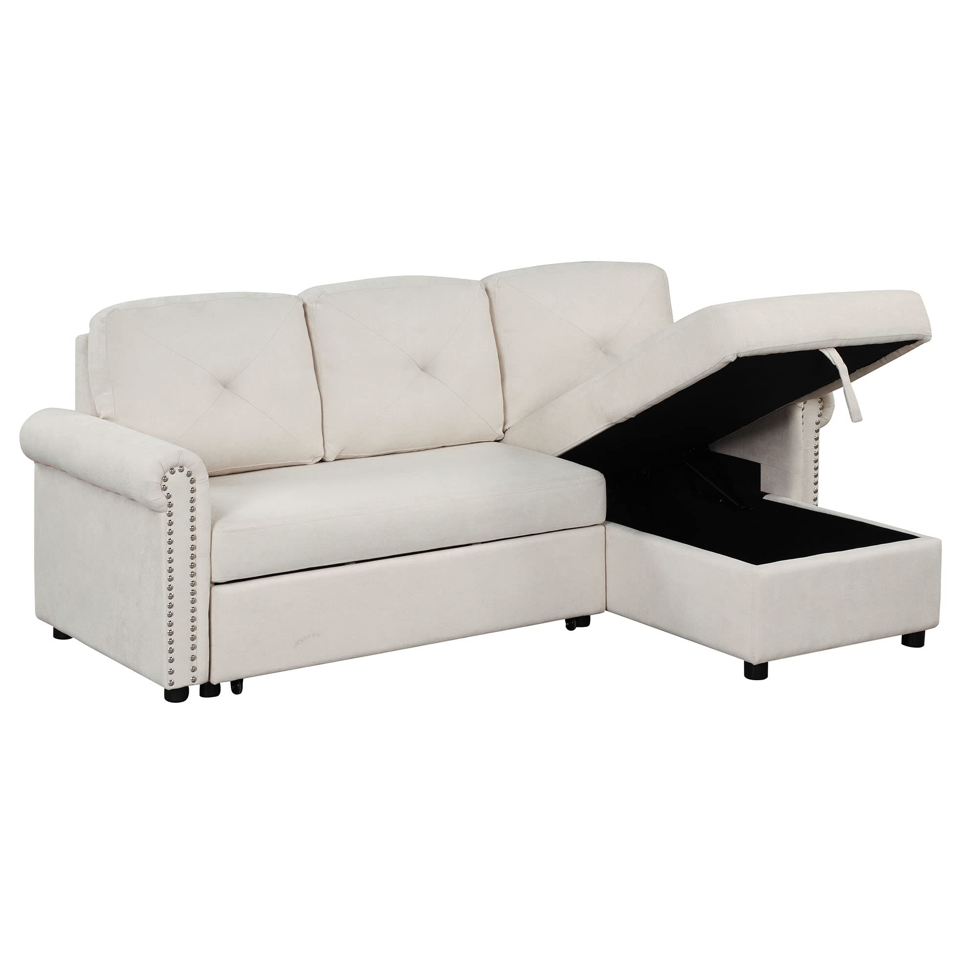 P PURLOVE Convertible Sectional Sofa Bed - 3-Seater L-Shaped Sleeper Couch with Storage Chaise & Pull-Out Mechanism | Modern Living Room Furniture Set (Beige) | Perfect for Small Spaces, Guest Rooms & Apartments