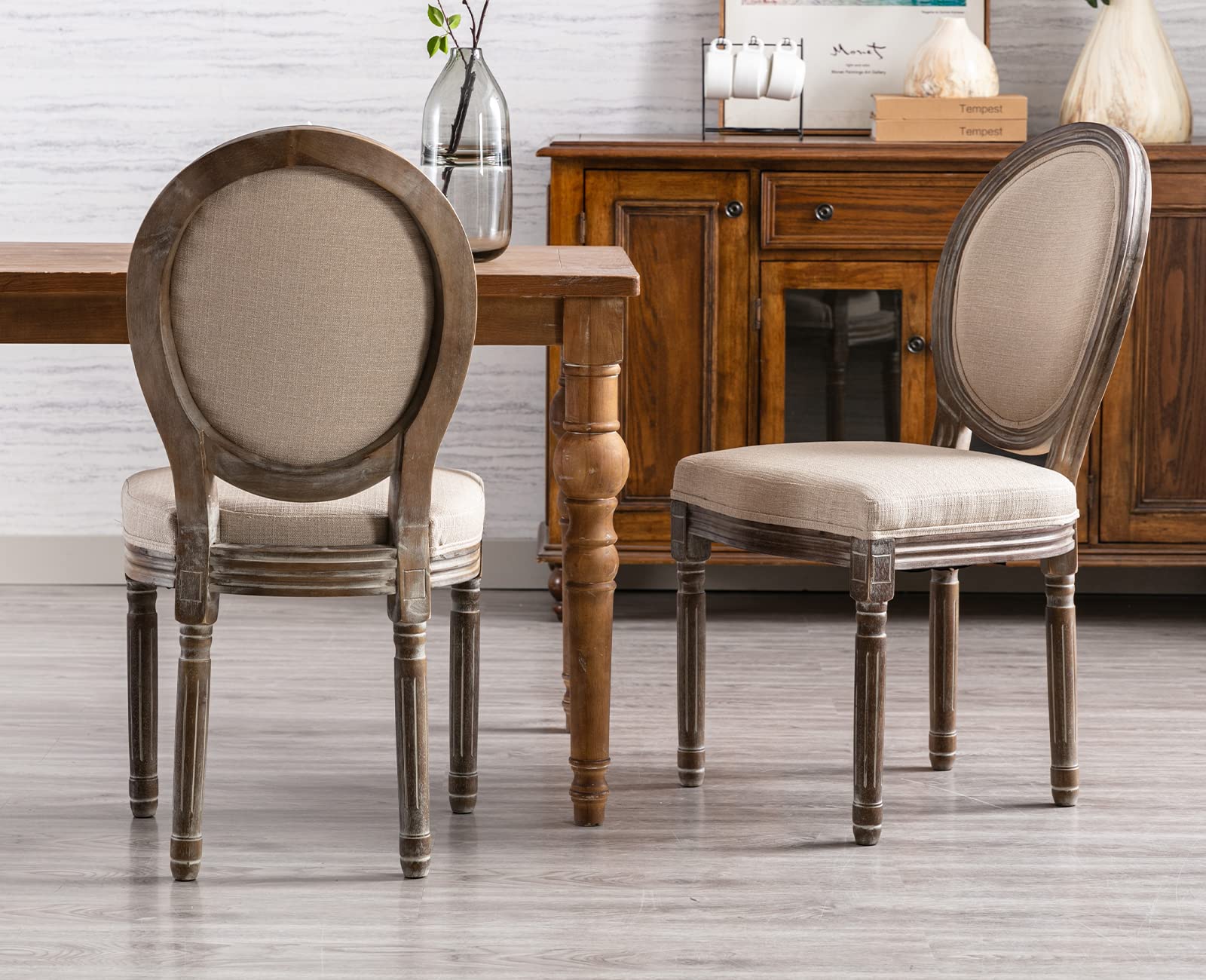 Kmax Farmhouse Dining Chairs Set of 2 - Brown Wooden Legs with Elegant Tufted Beige Fabric & Distressed Round Back - Perfect for Kitchen, Dining Room, Bedroom or French Country Decor